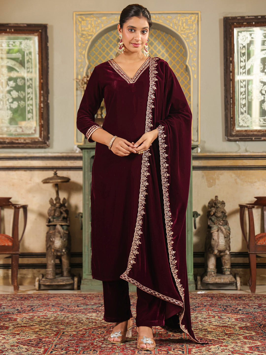 Wine Velvet Zari Embroidered Straight Kurta Set