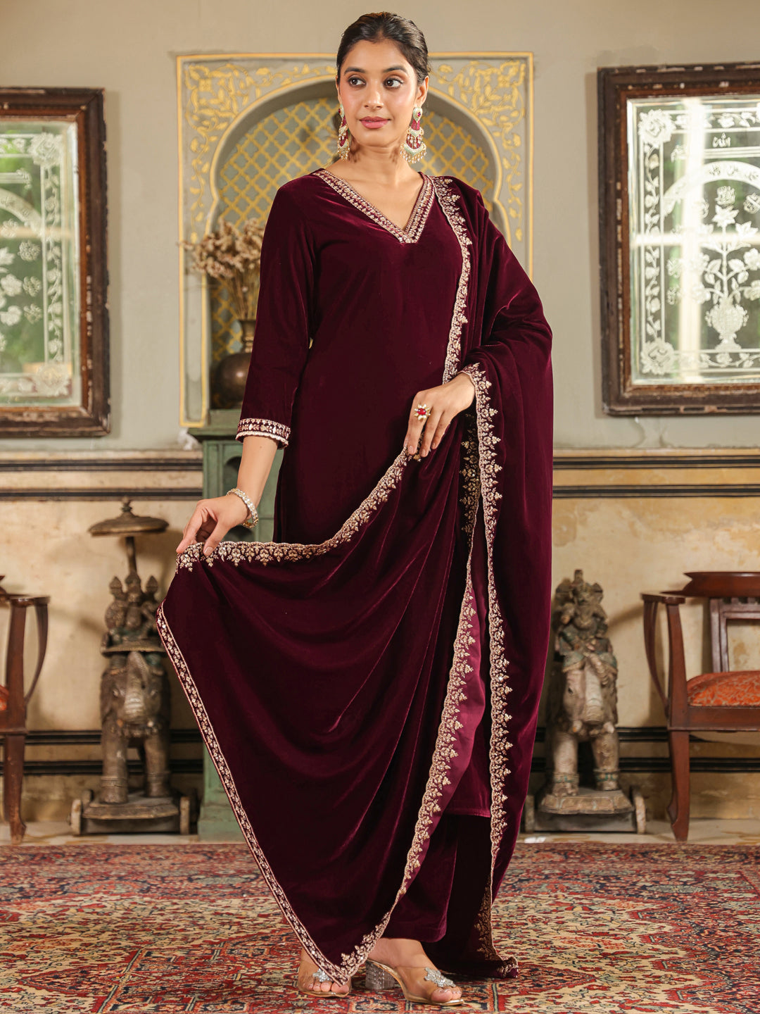 Wine Velvet Zari Embroidered Straight Kurta Set