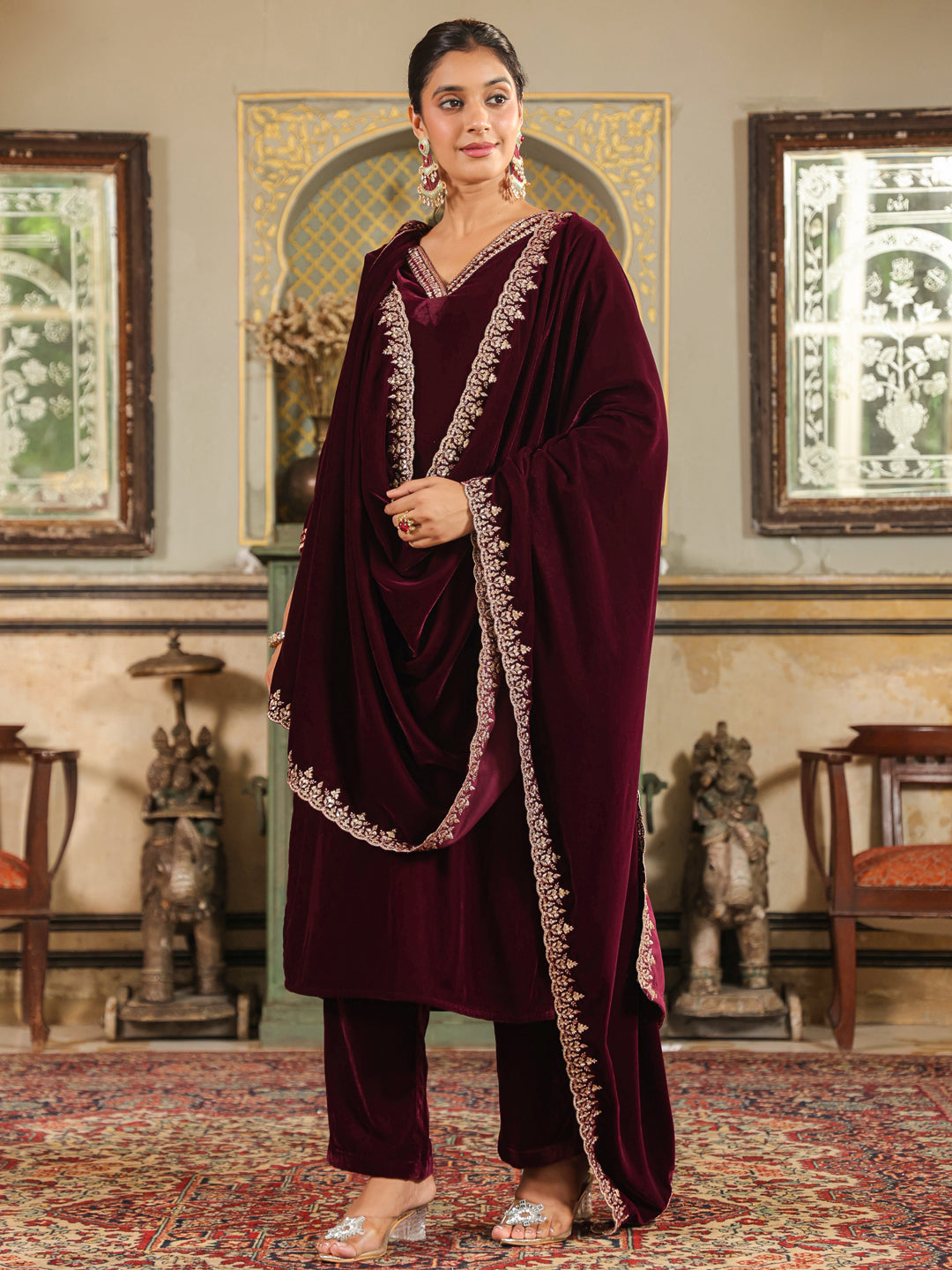 Wine Velvet Zari Embroidered Straight Kurta Set