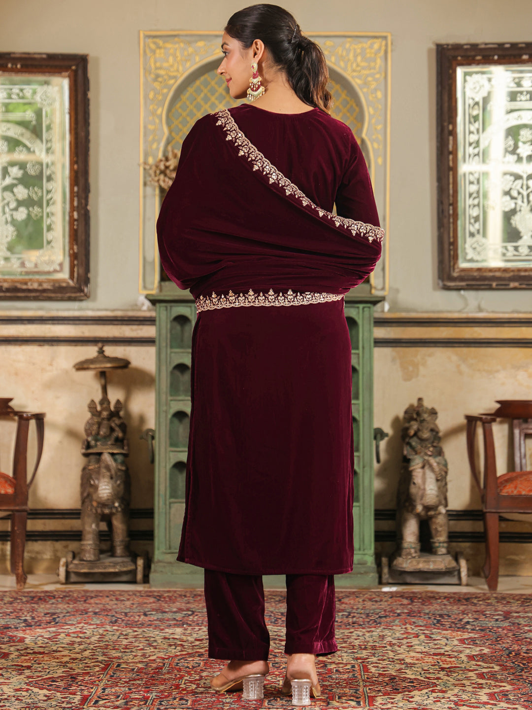 Wine Velvet Zari Embroidered Straight Kurta Set