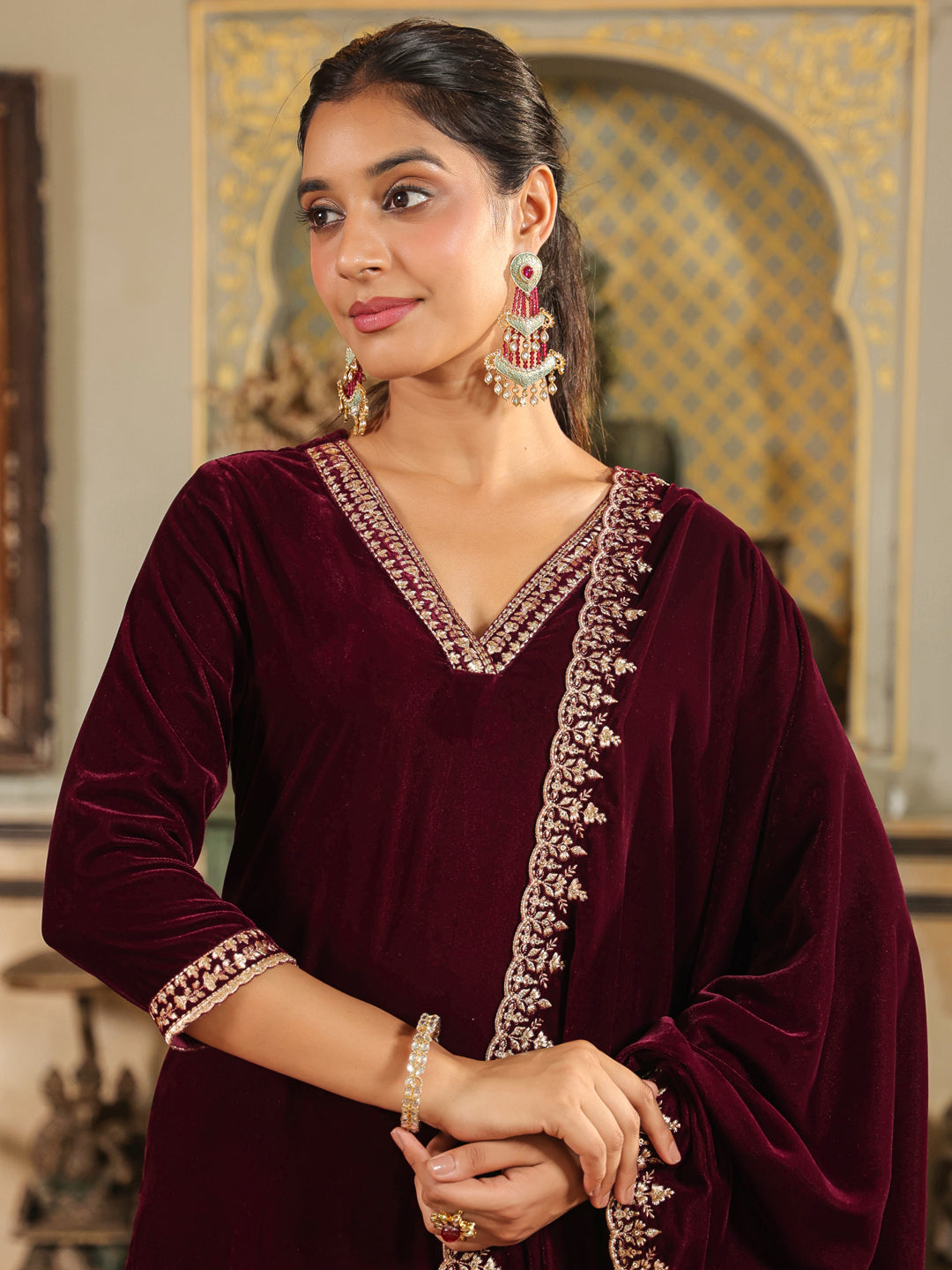 Wine Velvet Zari Embroidered Straight Kurta Set