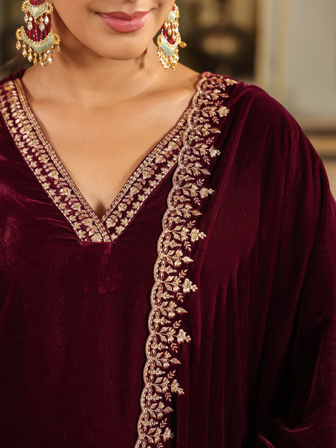 Wine Velvet Zari Embroidered Straight Kurta Set