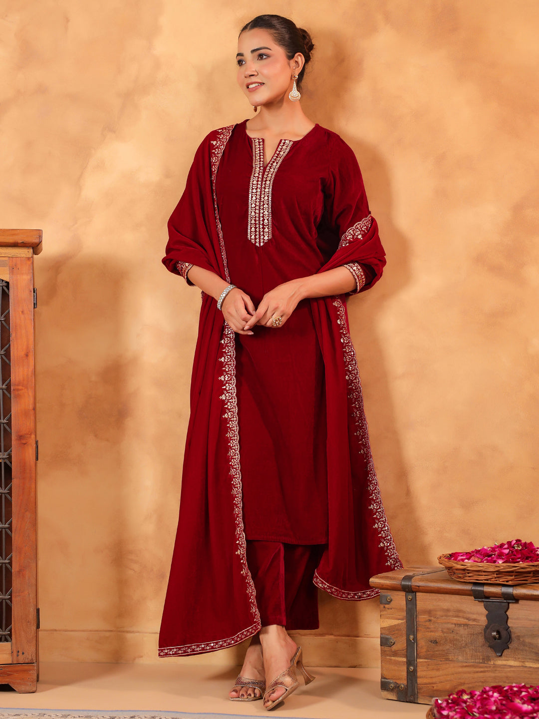 Red Velvet Zari Embroidered Straight Kurta Set