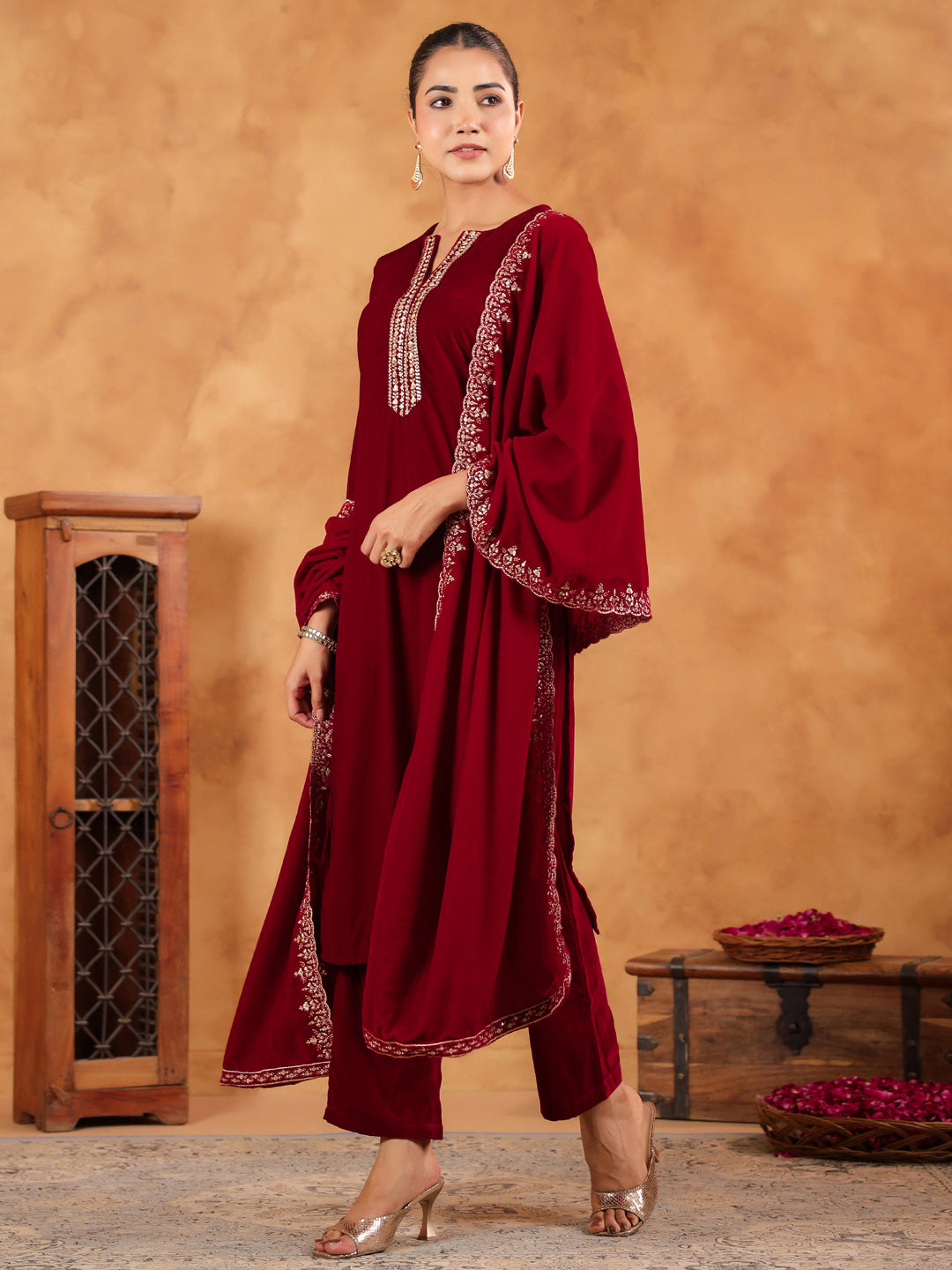 Red Velvet Zari Embroidered Straight Kurta Set