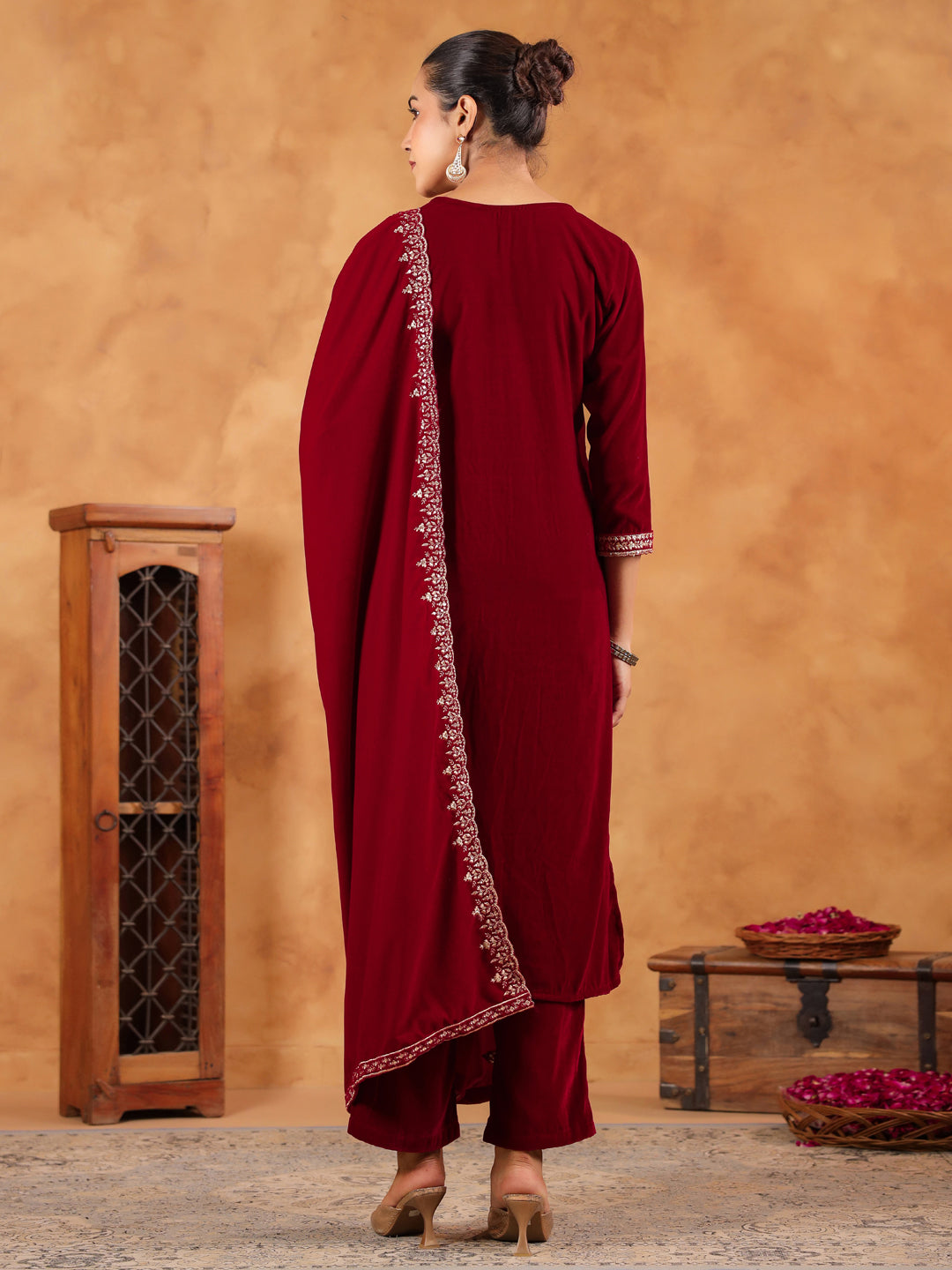 Red Velvet Zari Embroidered Straight Kurta Set