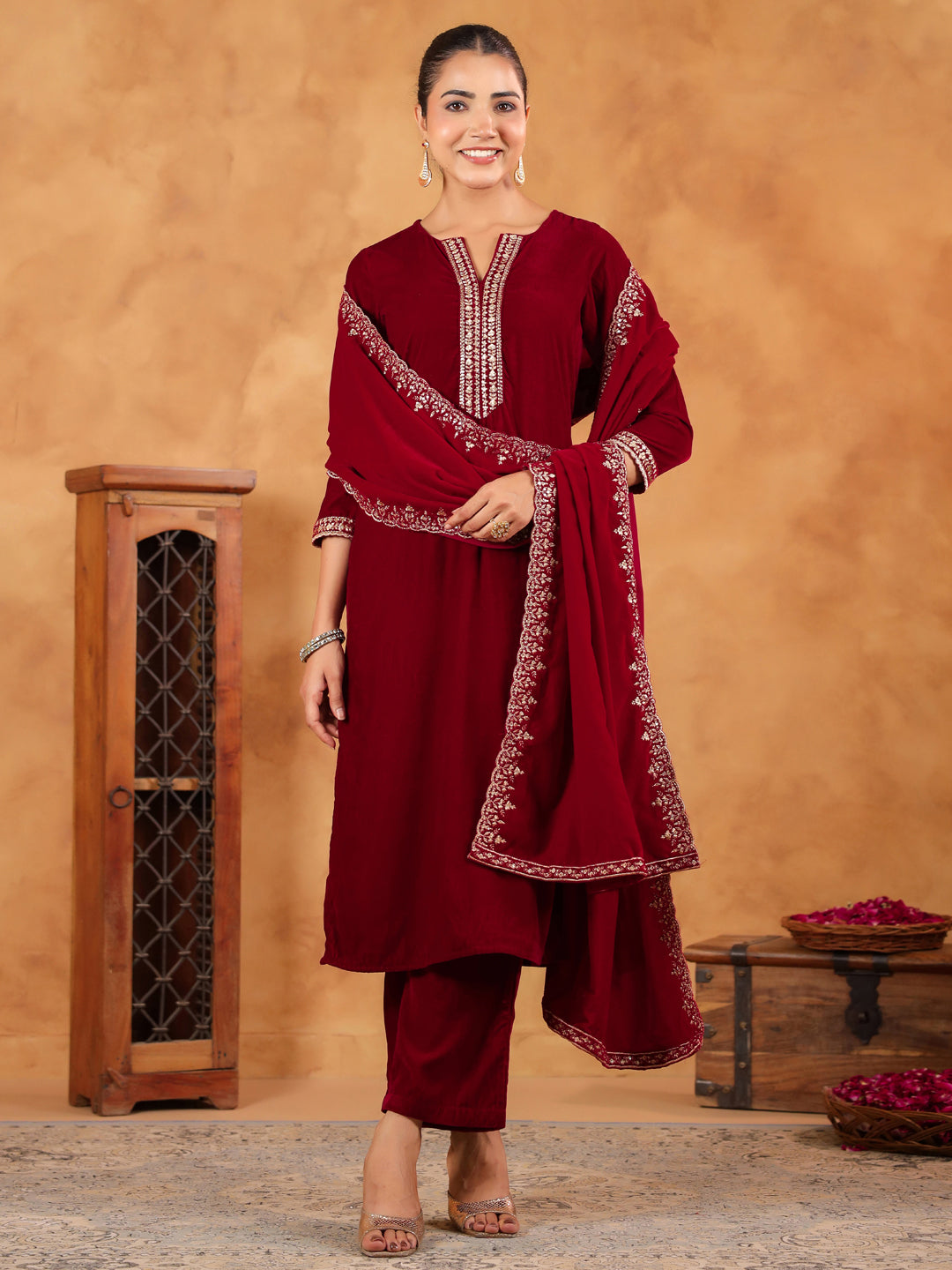 Red Velvet Zari Embroidered Straight Kurta Set