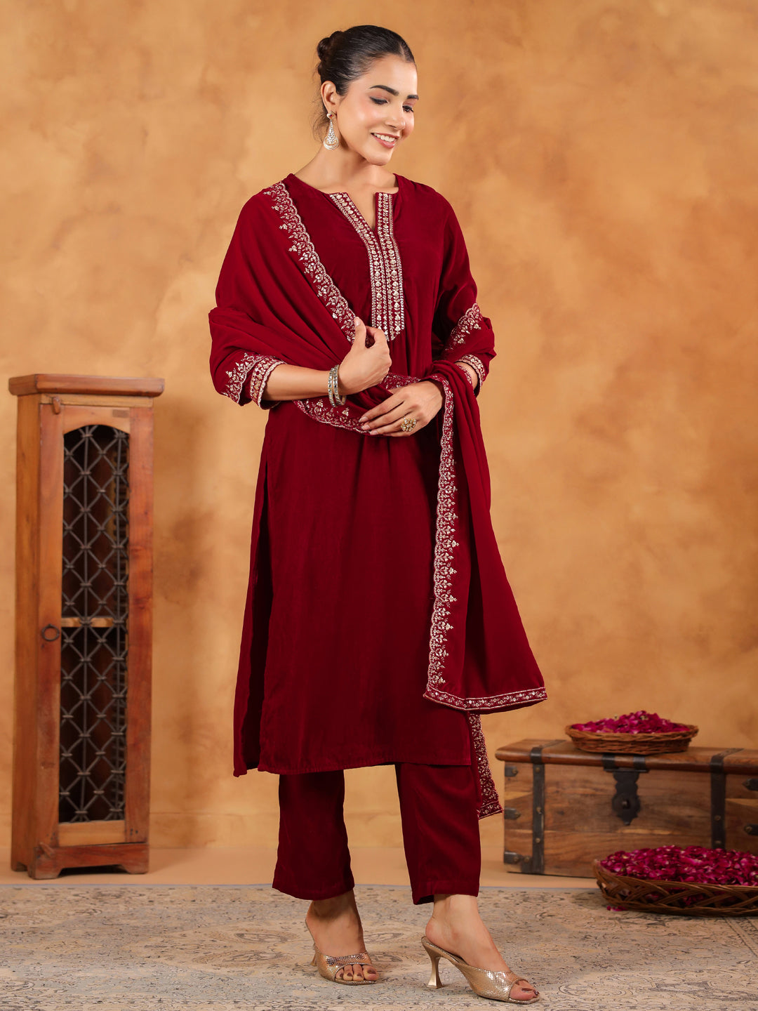 Red Velvet Zari Embroidered Straight Kurta Set