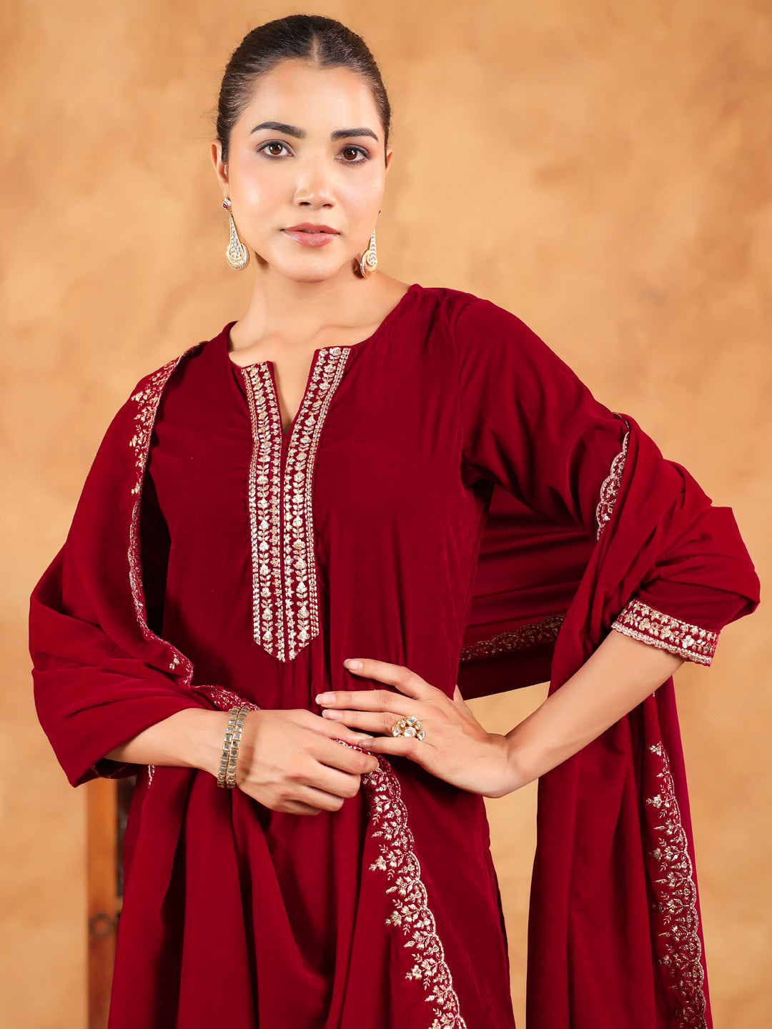 Red Velvet Zari Embroidered Straight Kurta Set