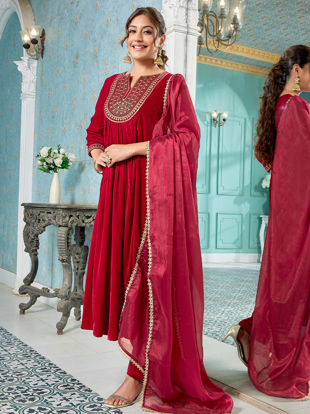 Red Velvet Zari Embroidered A-Line Kurta Set