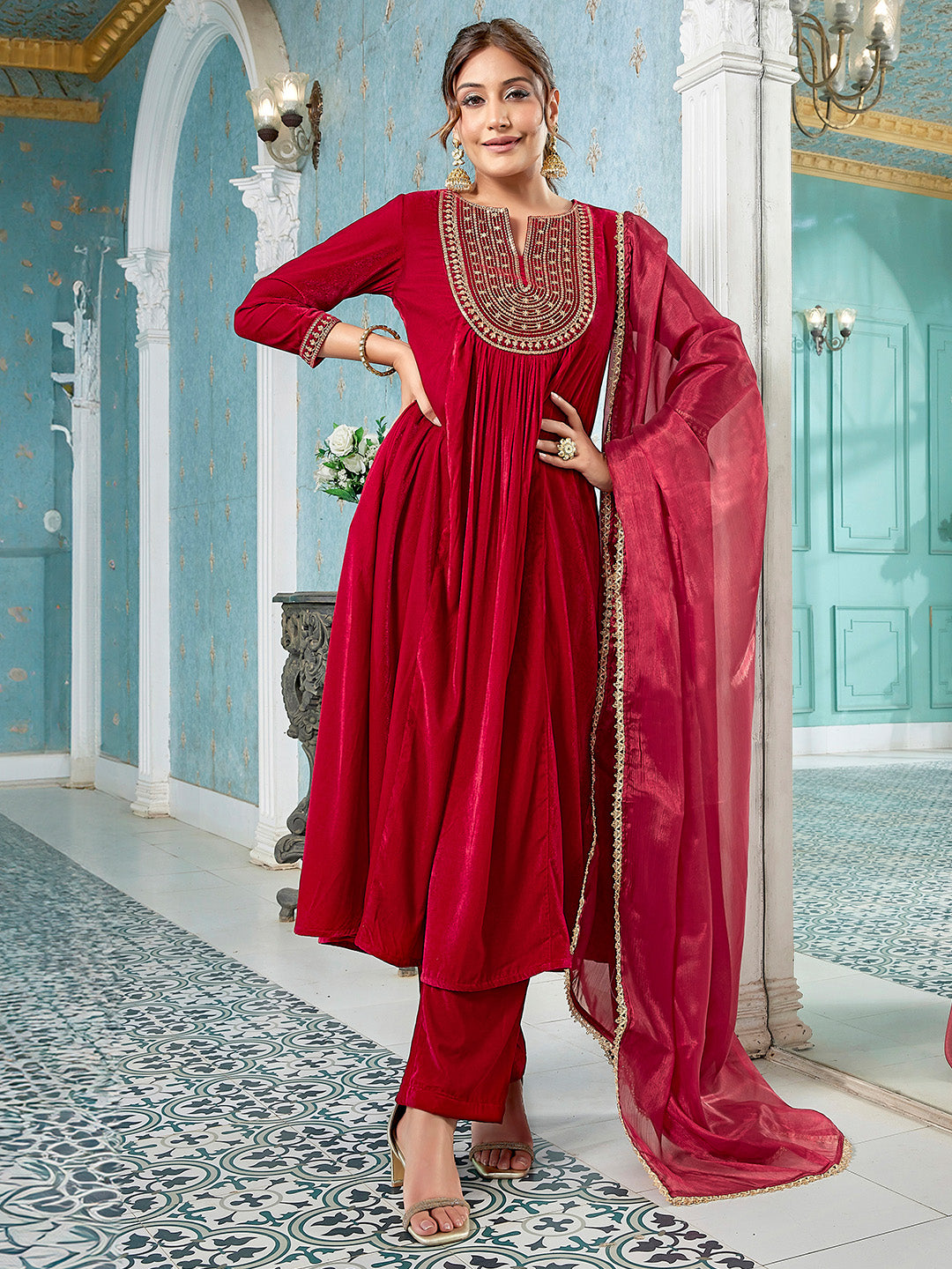 Red Velvet Zari Embroidered A-Line Kurta Set