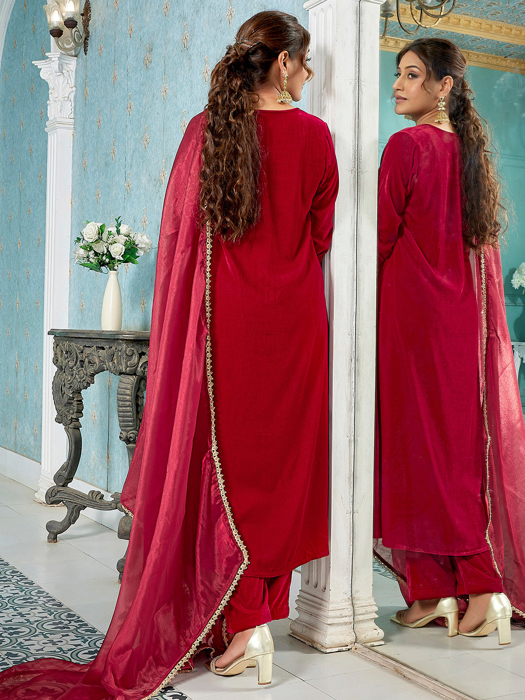 Red Velvet Zari Embroidered A-Line Kurta Set