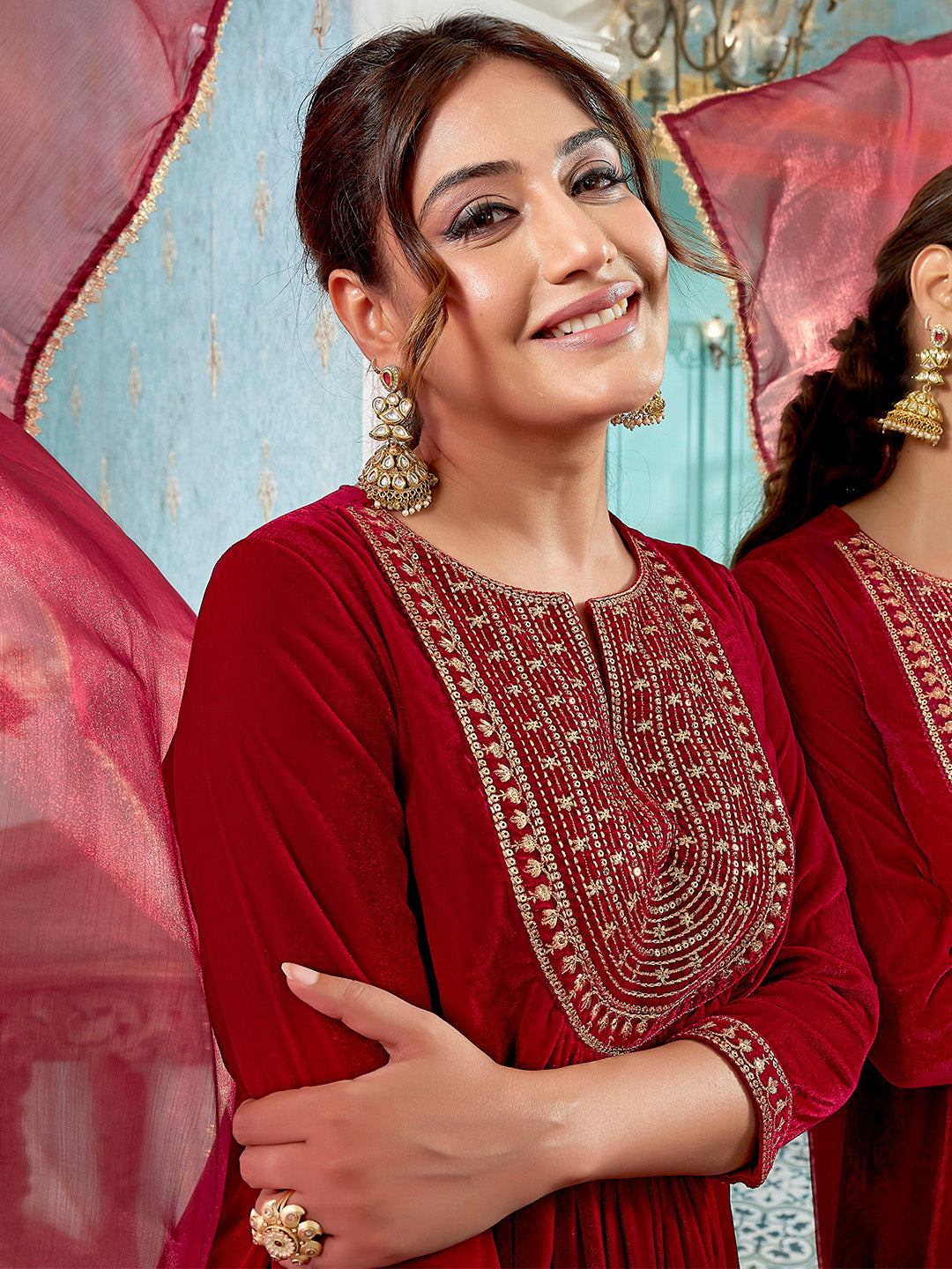 Red Velvet Zari Embroidered A-Line Kurta Set