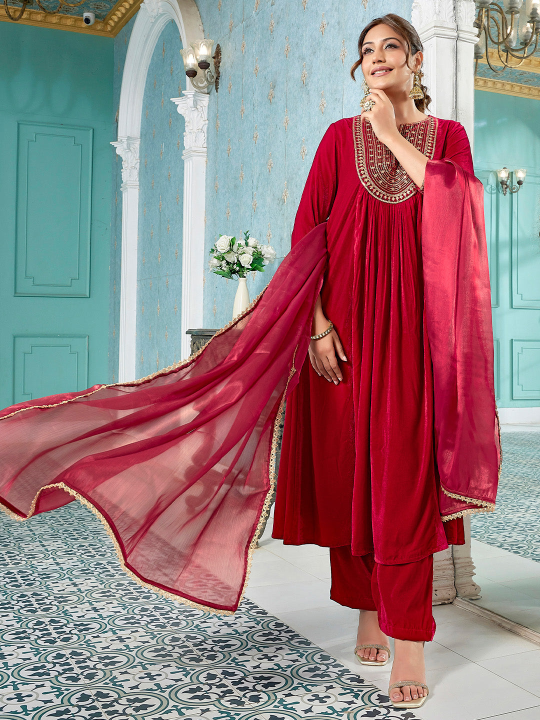 Red Velvet Zari Embroidered A-Line Kurta Set