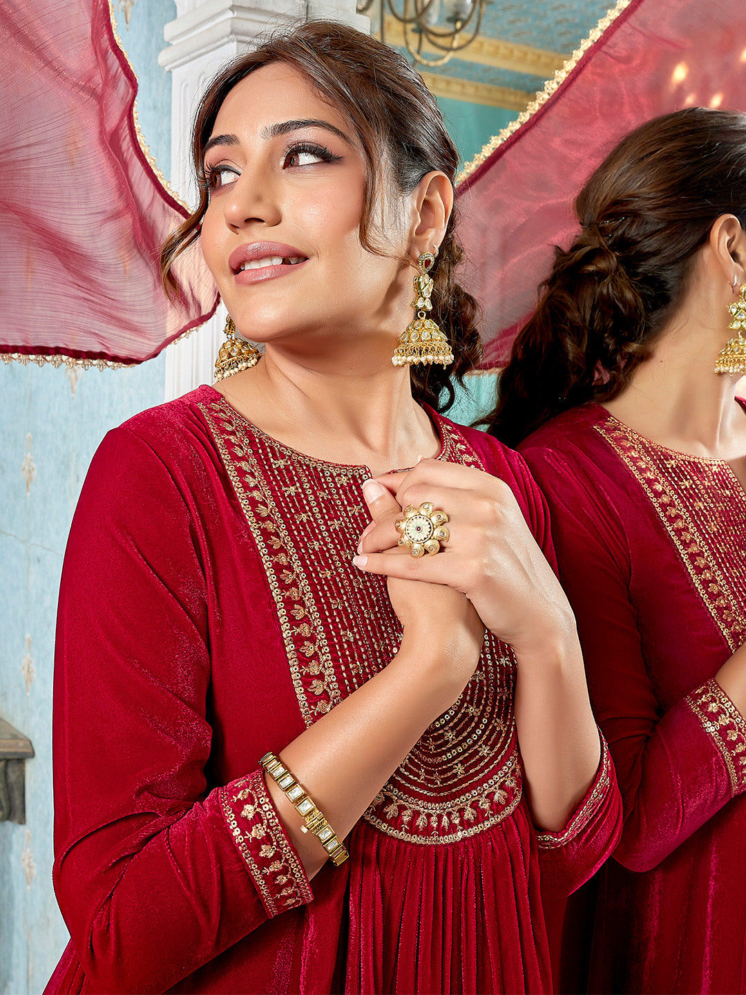 Red Velvet Zari Embroidered A-Line Kurta Set