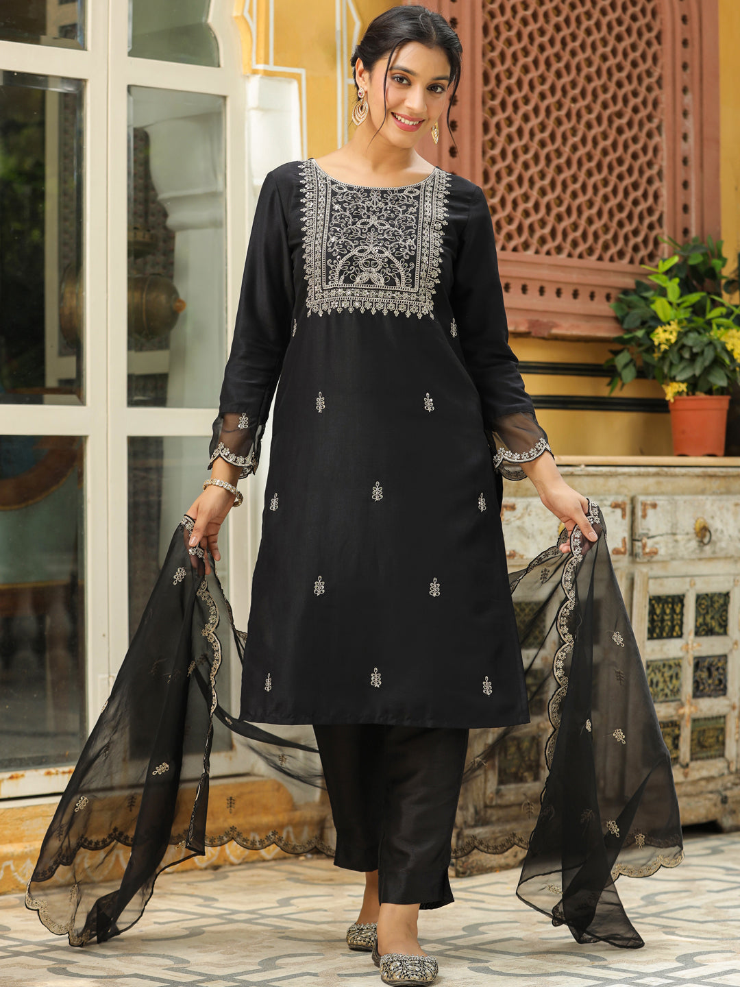 Black Silk Blend Embroidered Straight Kurta Set