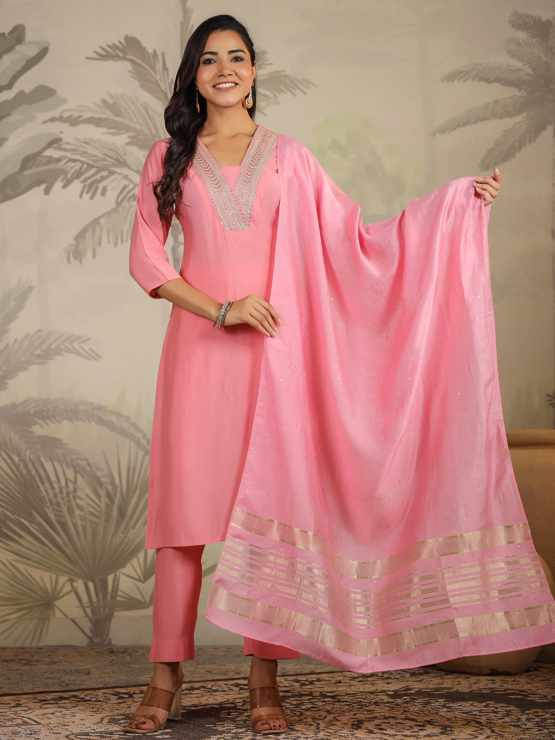 Pink Silk Blend Embroidered Straight Kurta Set