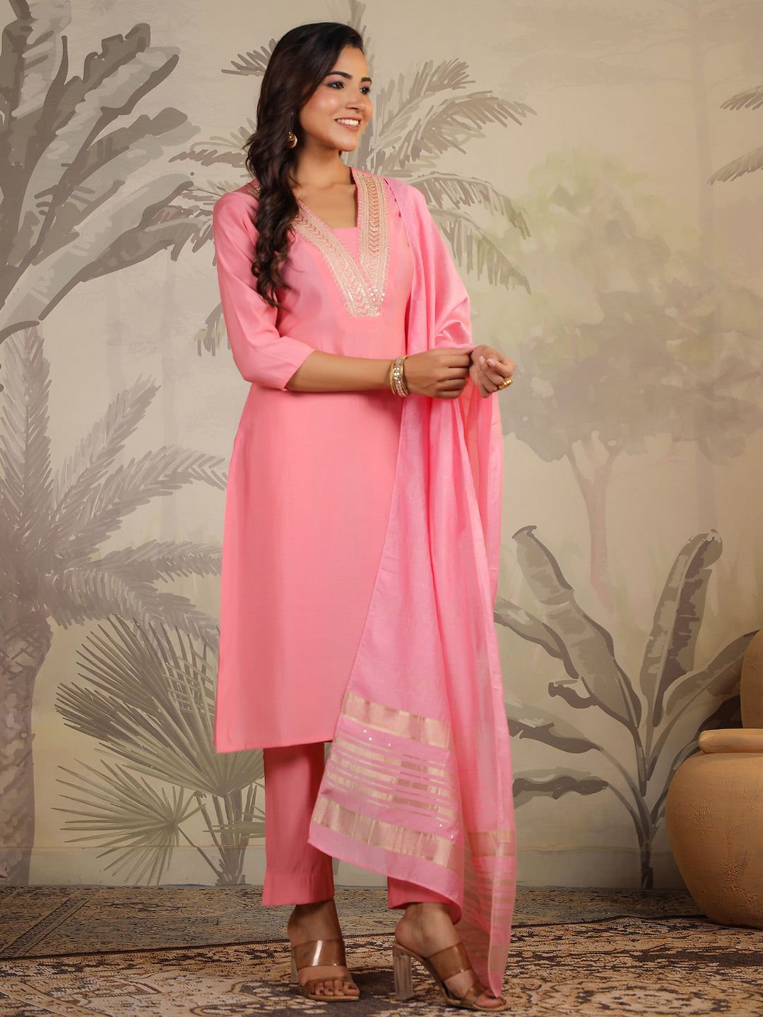 Pink Silk Blend Embroidered Straight Kurta Set