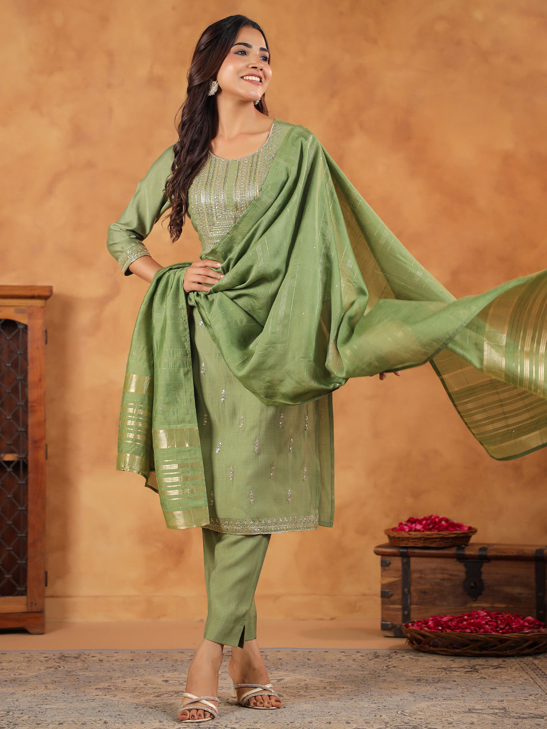 Sage Green Silk Blend Embroidered Straight Kurta Set