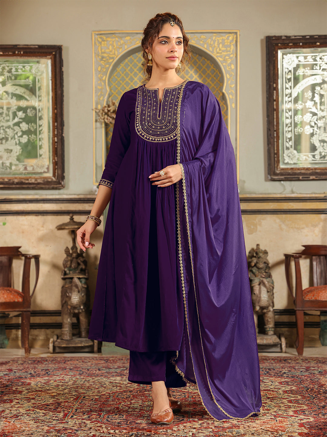 Purple Velvet Zari Embroidered A-Line Kurta Set