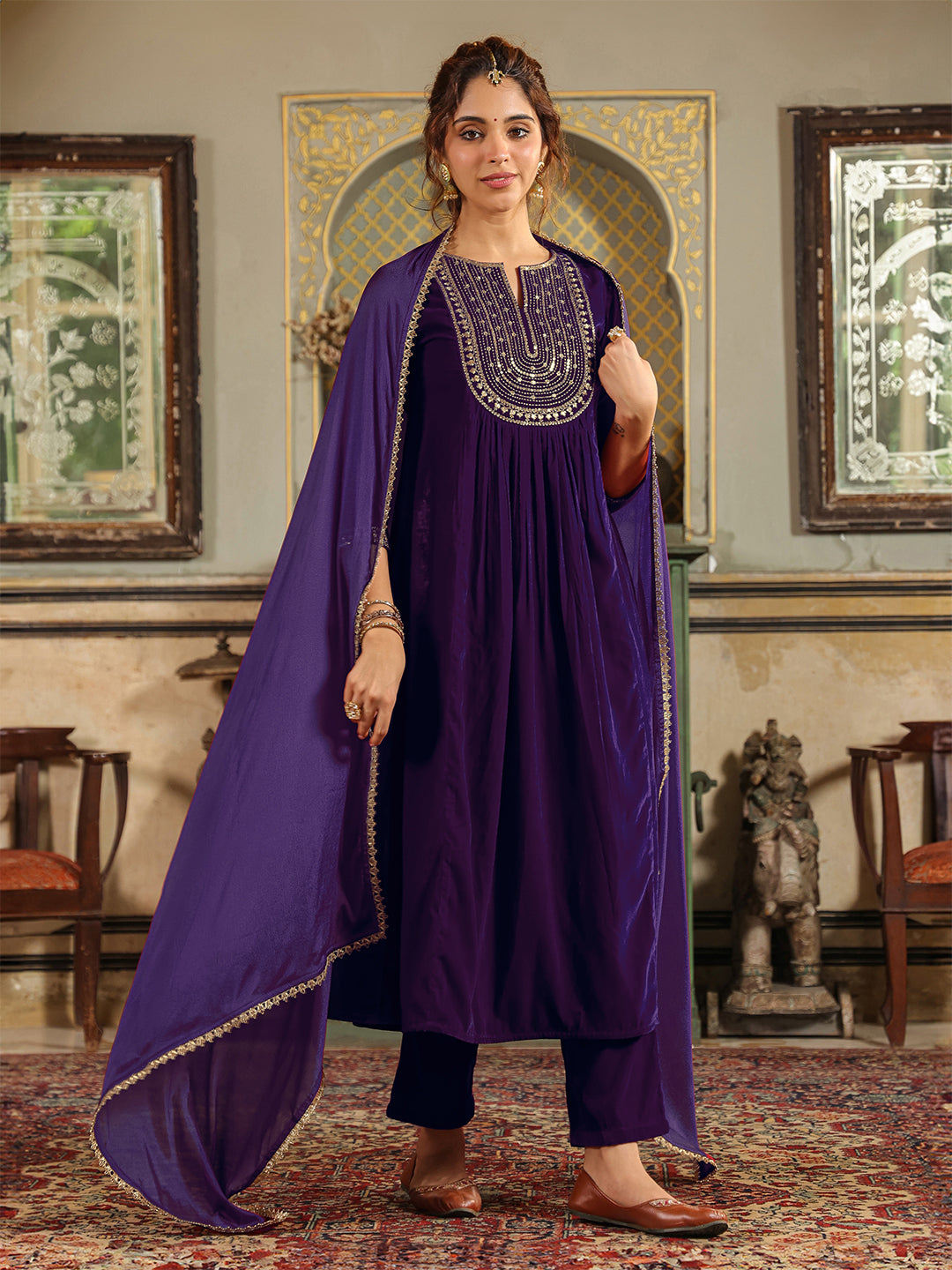 Purple Velvet Zari Embroidered A-Line Kurta Set