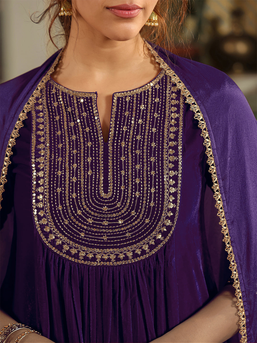 Purple Velvet Zari Embroidered A-Line Kurta Set