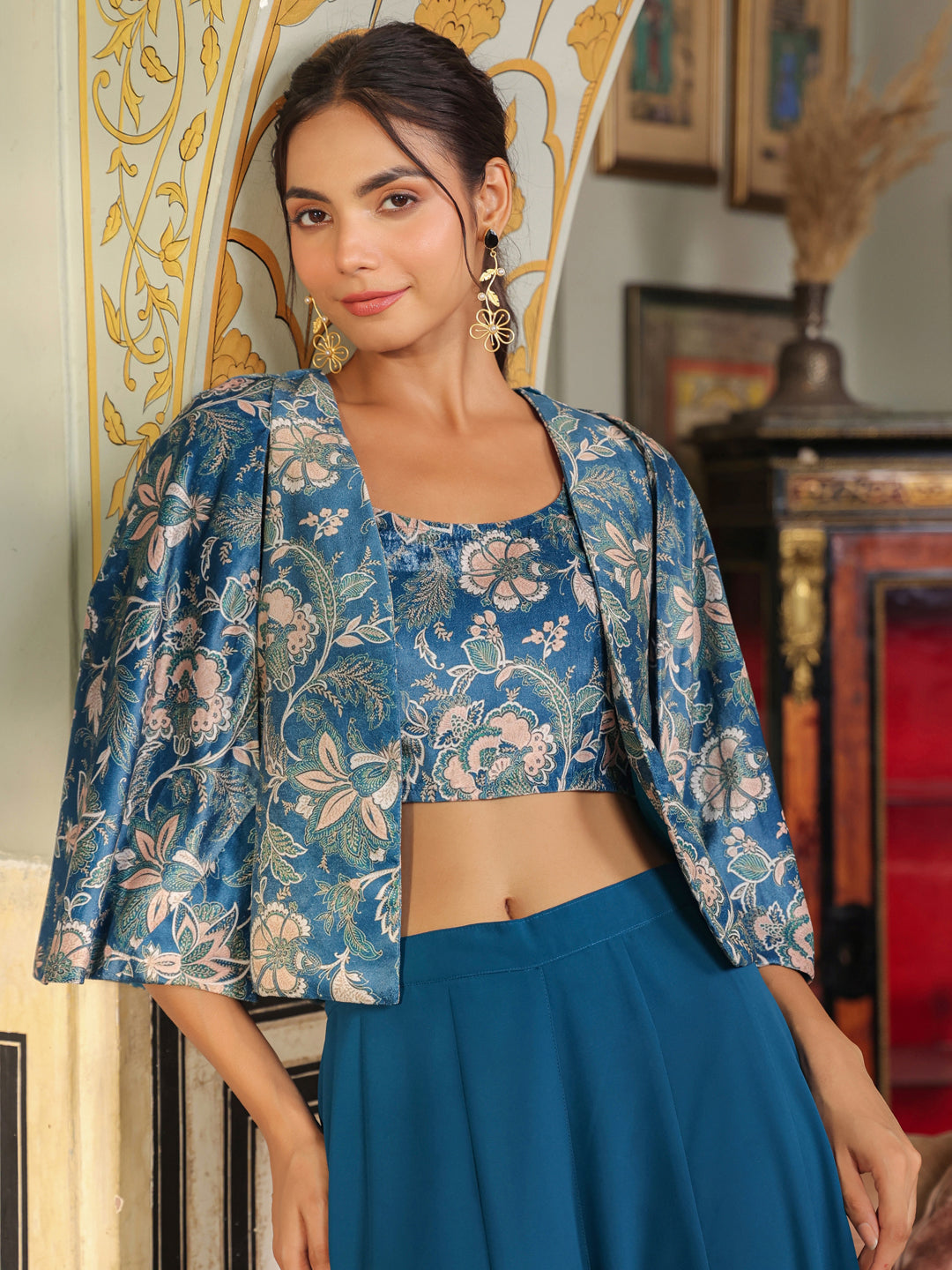 Teal Blue Velvet Floral Printed Crop Top with Palazzo & Cape Set