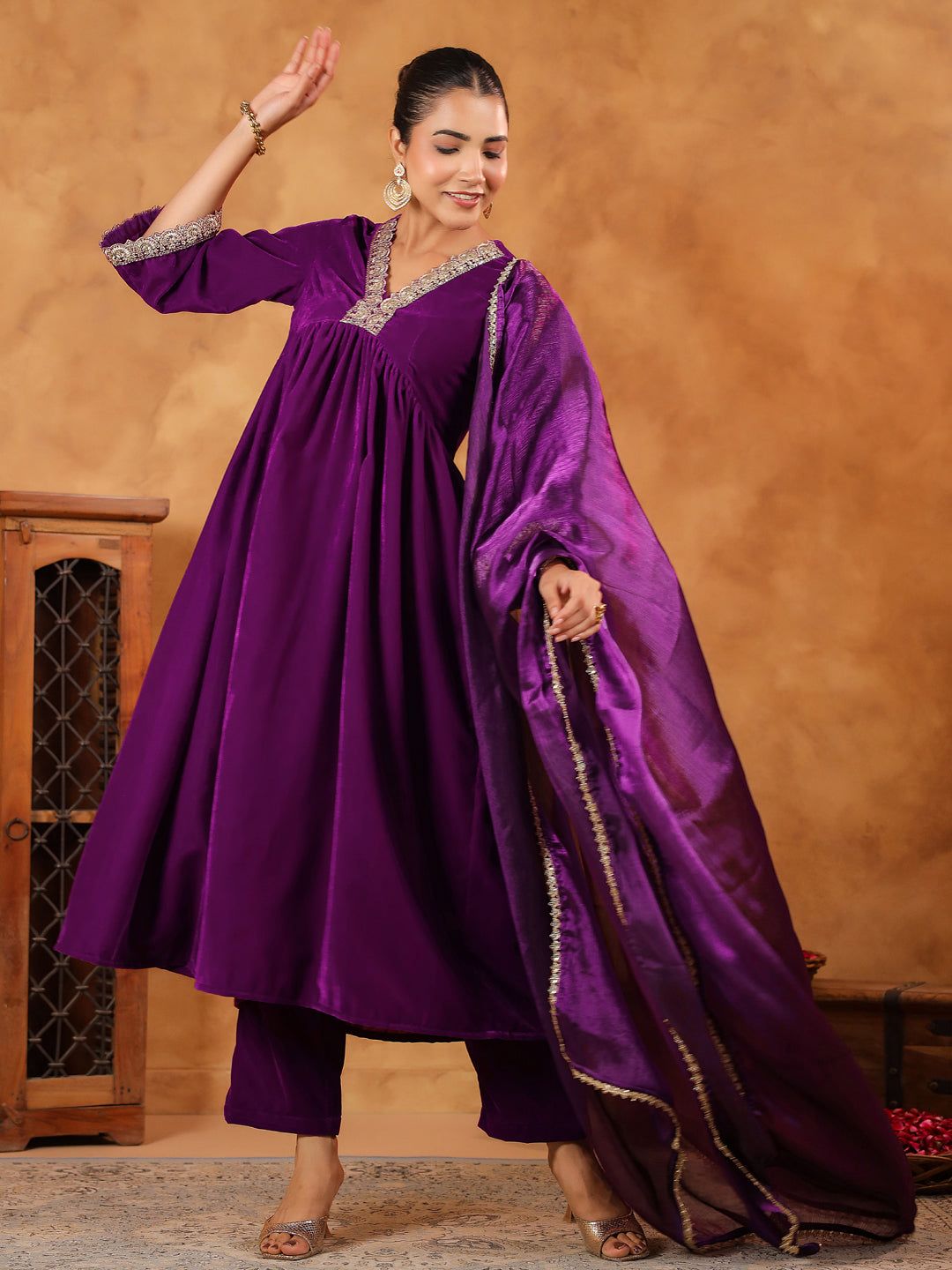 Purple Velvet Zari Embroidered A-Line Kurta Set