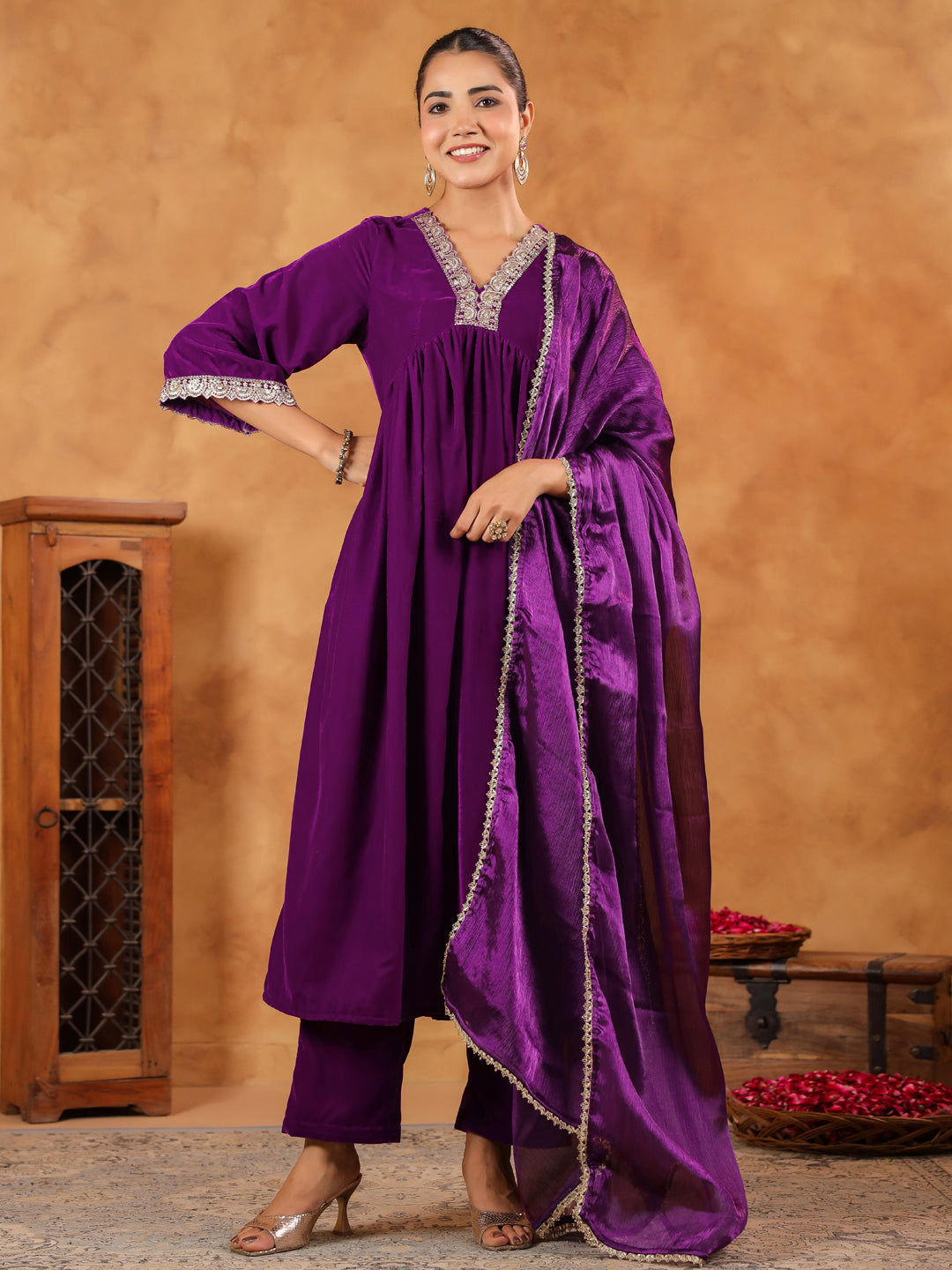 Purple Velvet Zari Embroidered A-Line Kurta Set