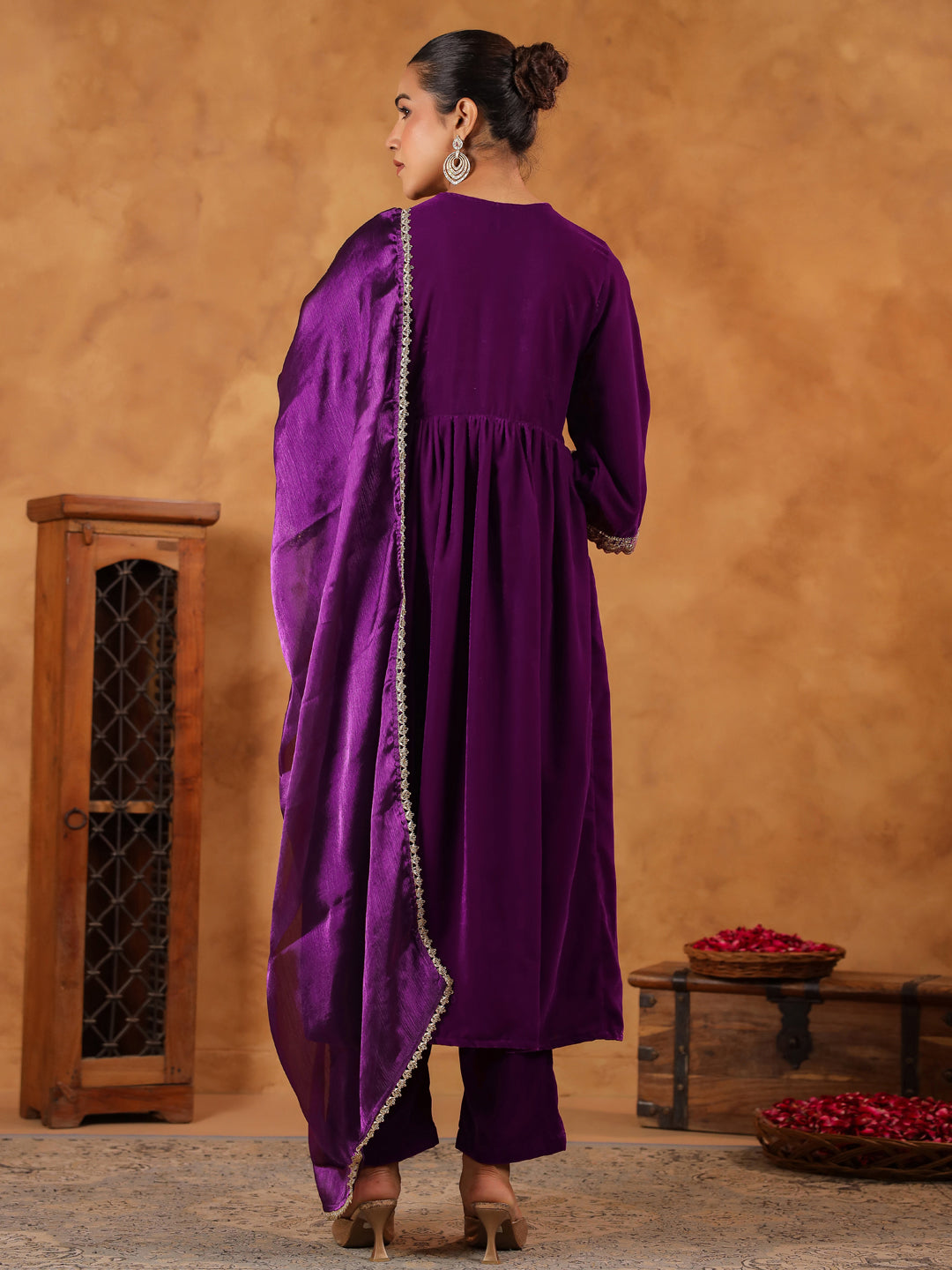 Purple Velvet Zari Embroidered A-Line Kurta Set