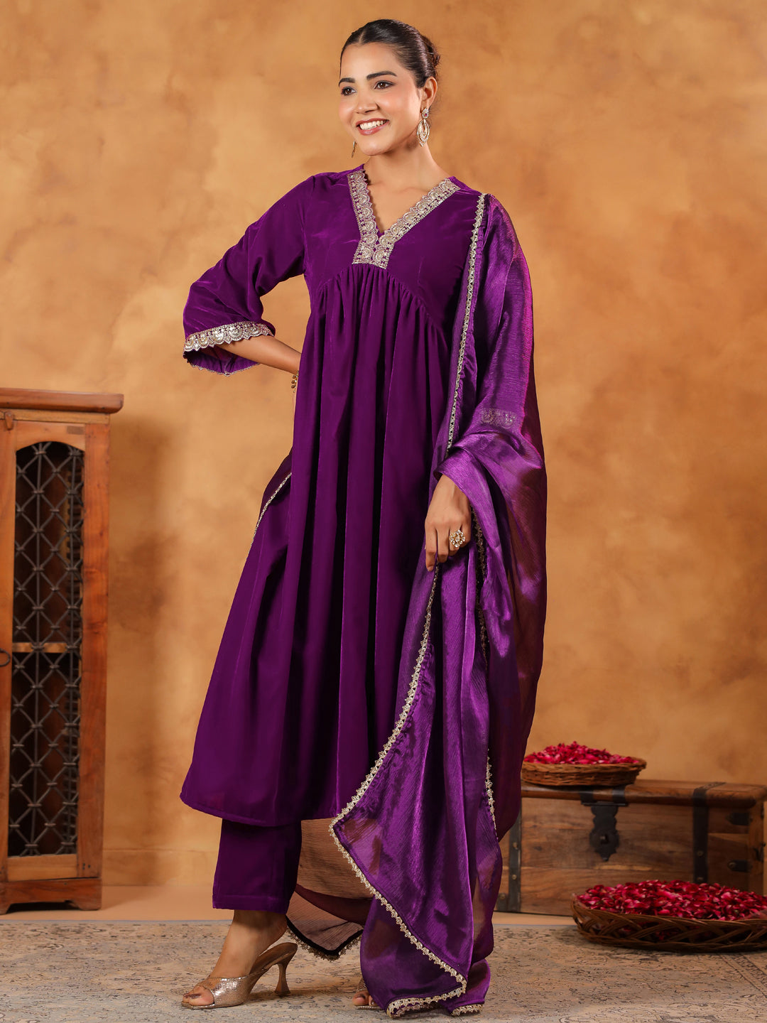 Purple Velvet Zari Embroidered A-Line Kurta Set