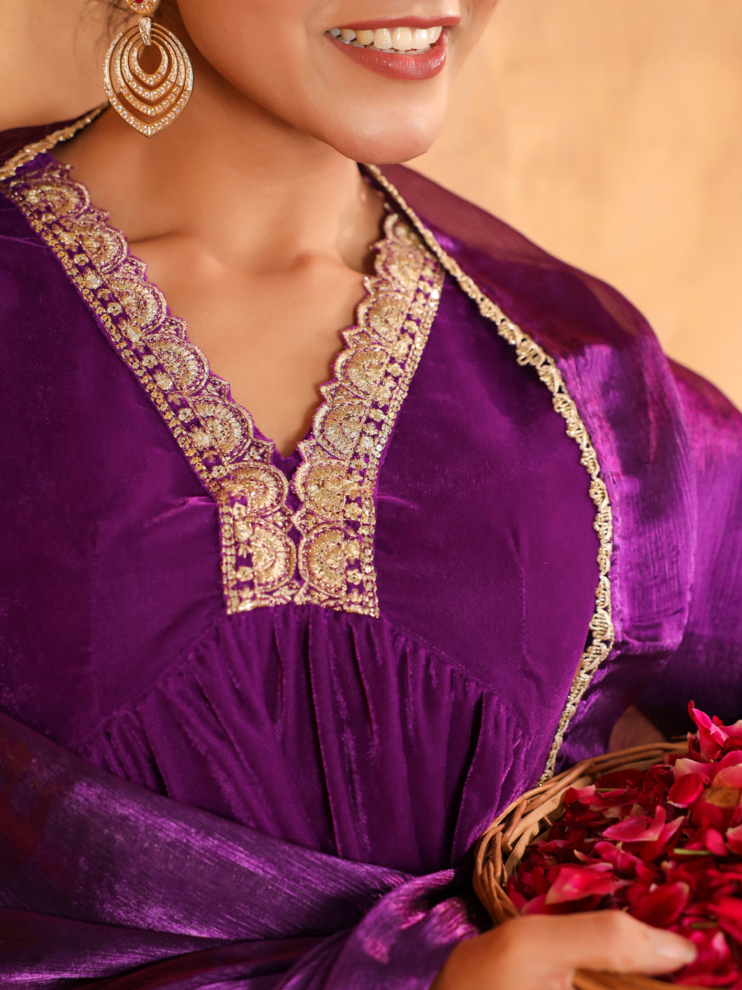 Purple Velvet Zari Embroidered A-Line Kurta Set