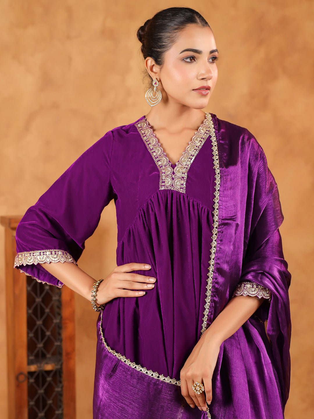 Purple Velvet Zari Embroidered A-Line Kurta Set