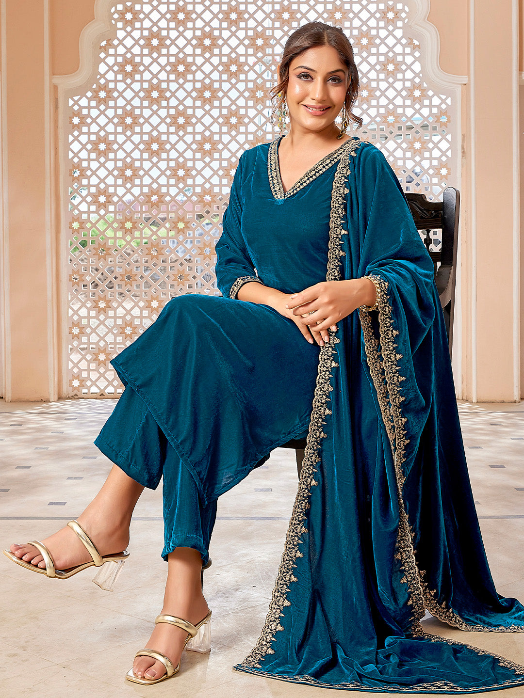 Teal Blue Velvet Zari Embroidered Straight Kurta Set