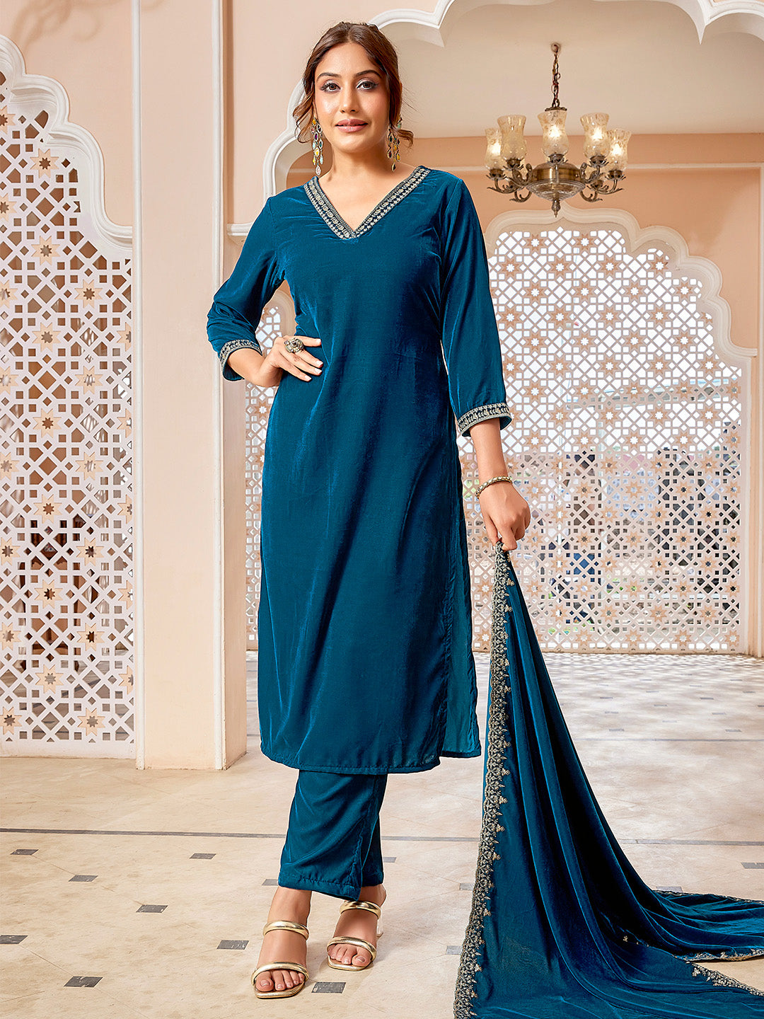 Teal Blue Velvet Zari Embroidered Straight Kurta Set