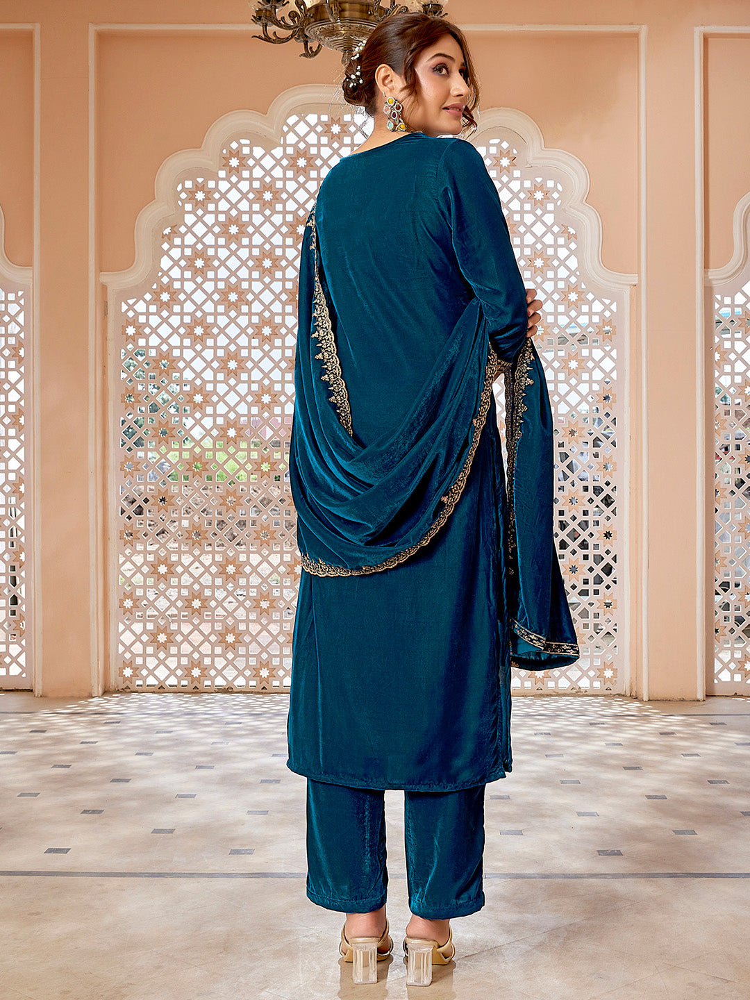 Teal Blue Velvet Zari Embroidered Straight Kurta Set