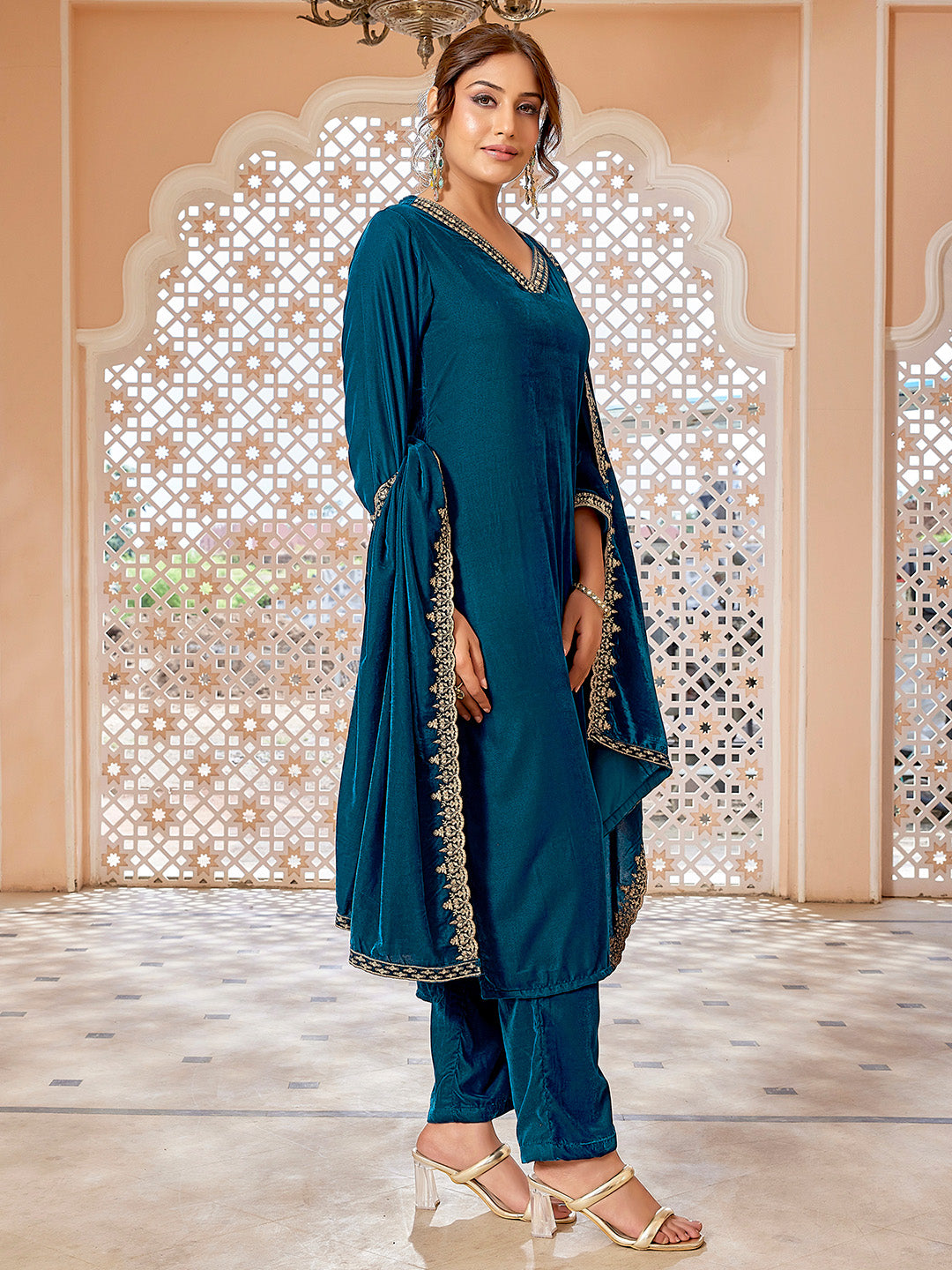 Teal Blue Velvet Zari Embroidered Straight Kurta Set