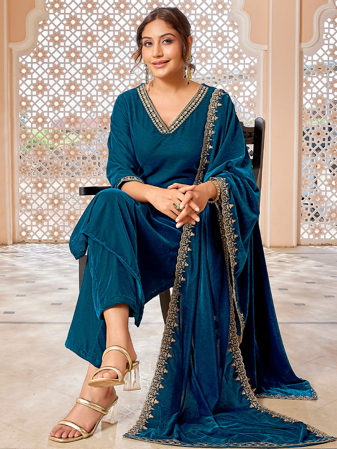 Teal Blue Velvet Zari Embroidered Straight Kurta Set