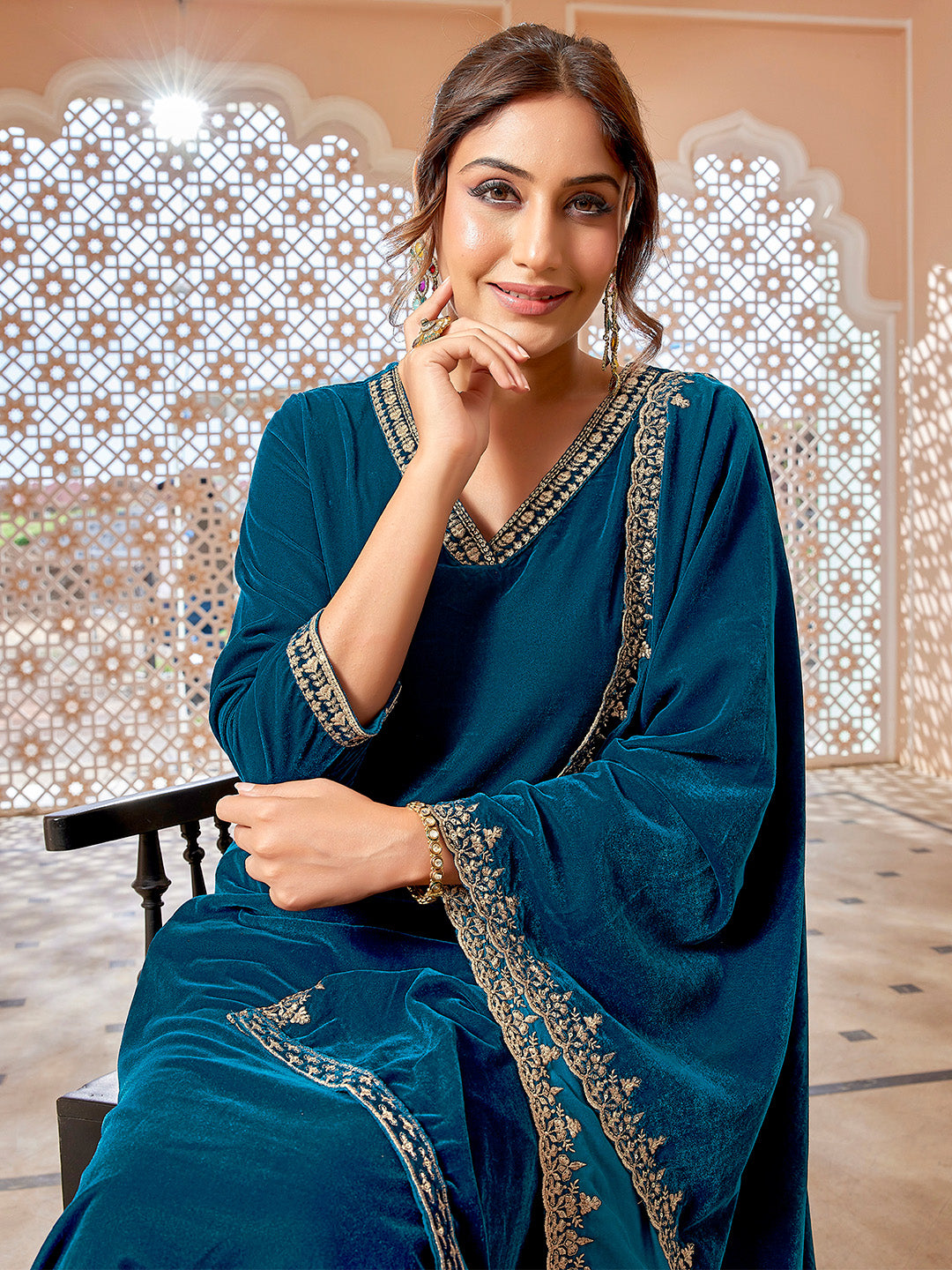 Teal Blue Velvet Zari Embroidered Straight Kurta Set