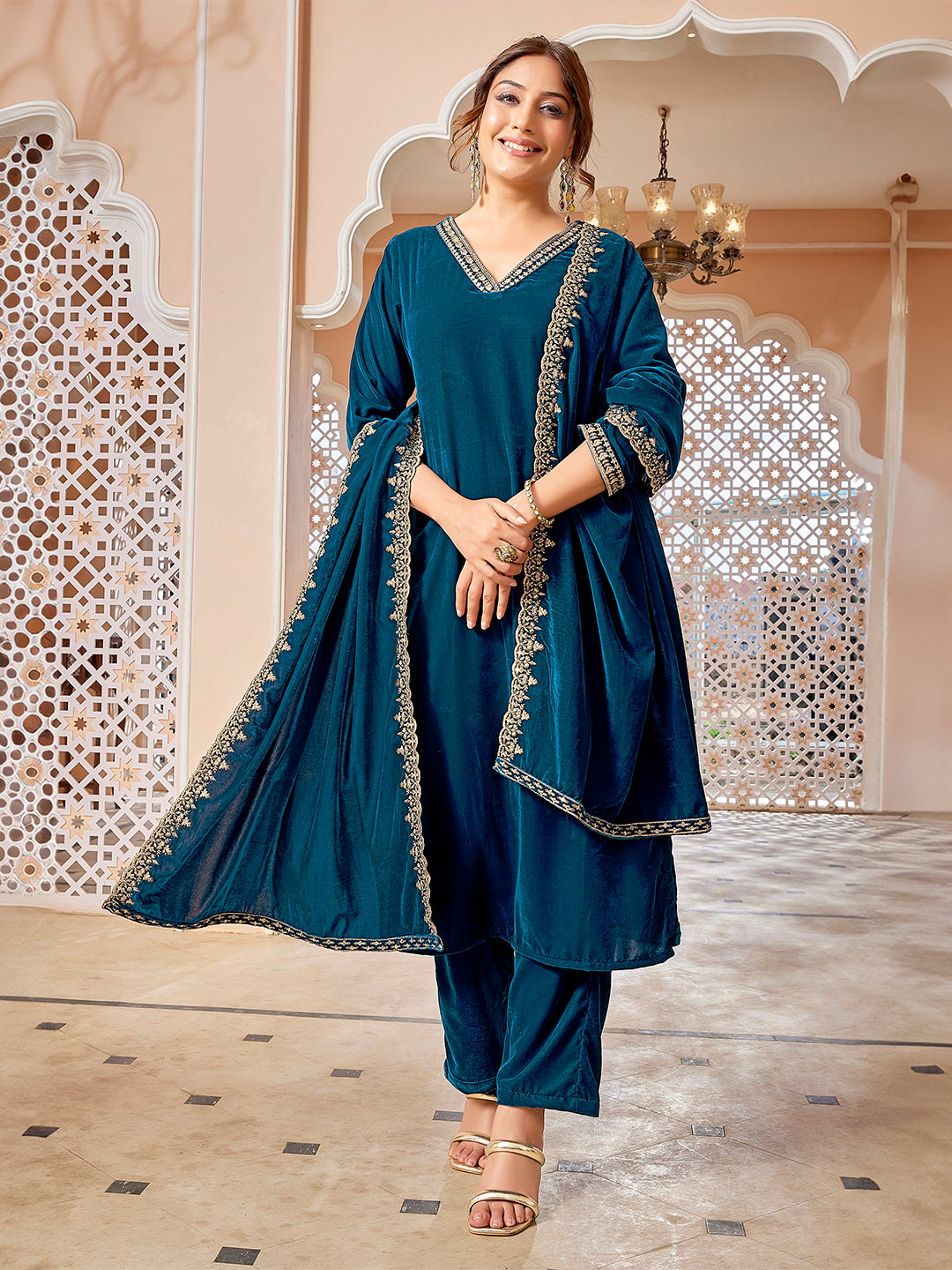 Teal Blue Velvet Zari Embroidered Straight Kurta Set