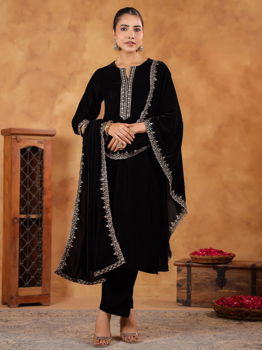 Black Velvet Zari Embroidered Straight Kurta Set