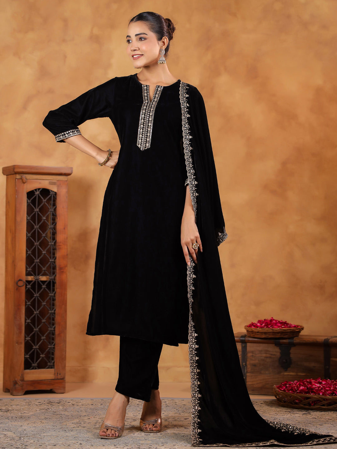 Black Velvet Zari Embroidered Straight Kurta Set