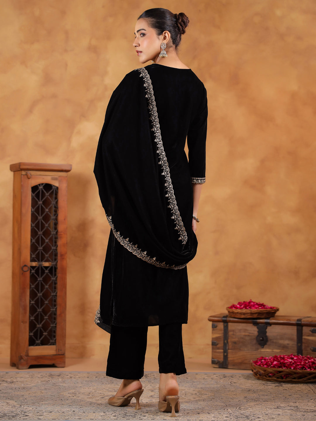 Black Velvet Zari Embroidered Straight Kurta Set