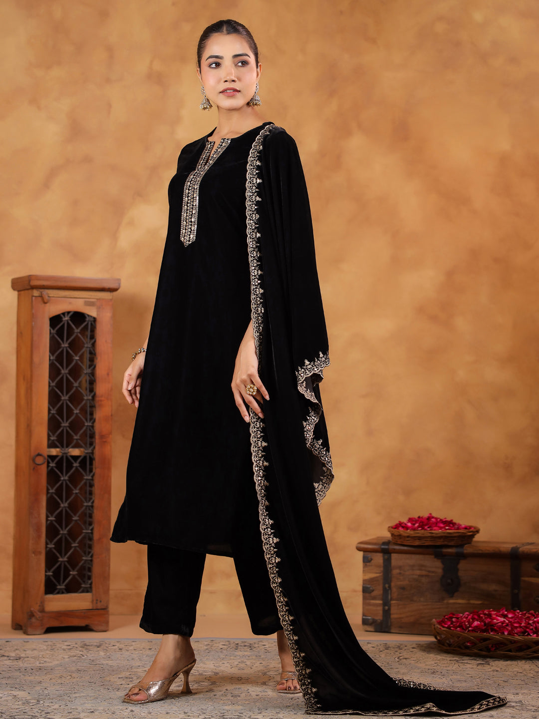 Black Velvet Zari Embroidered Straight Kurta Set