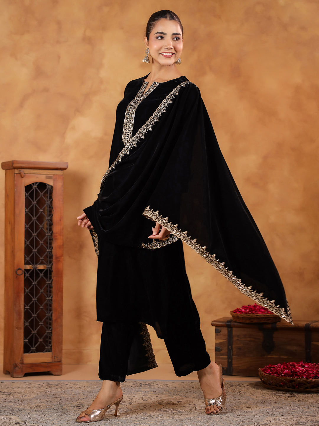 Black Velvet Zari Embroidered Straight Kurta Set