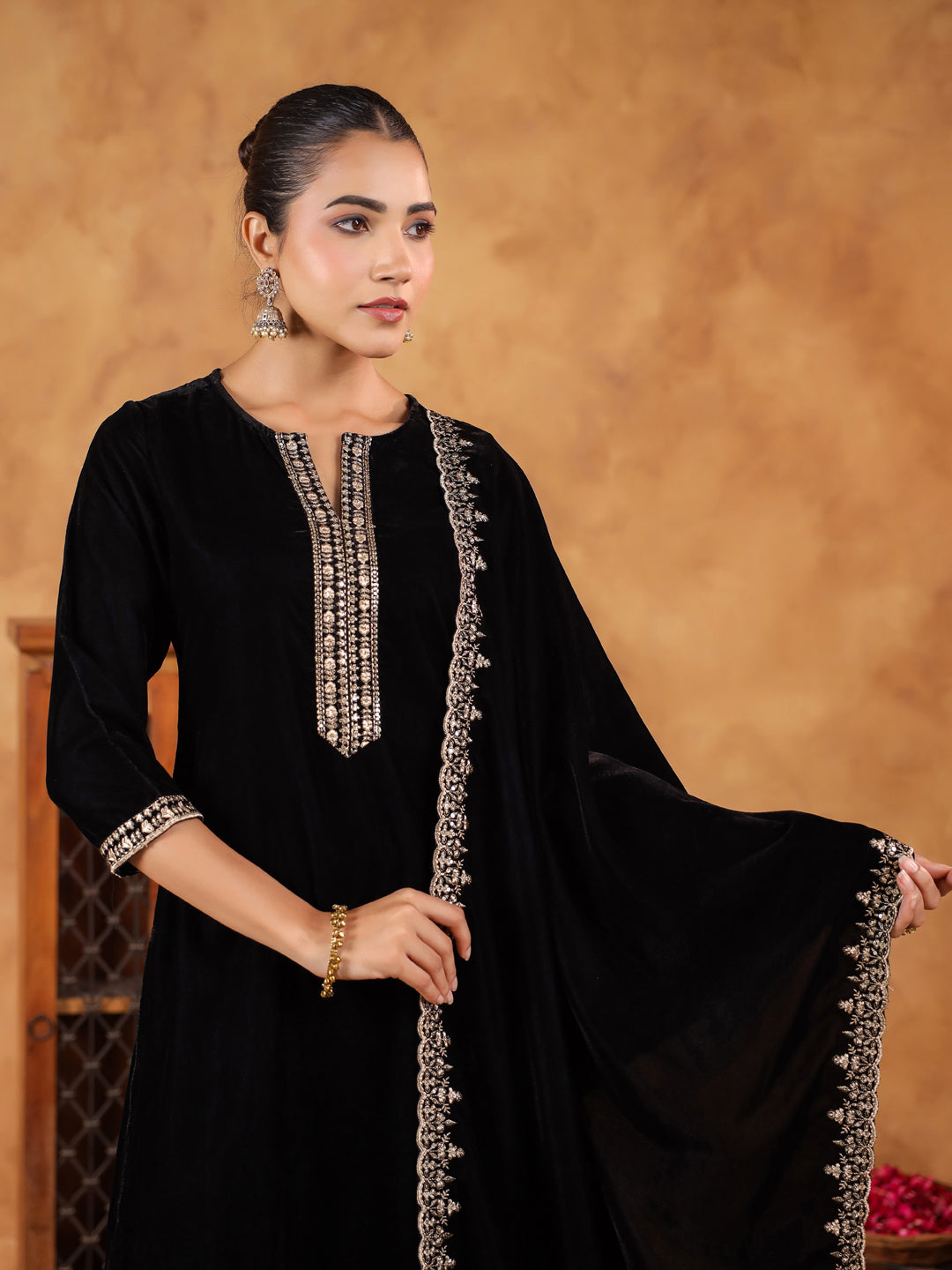 Black Velvet Zari Embroidered Straight Kurta Set