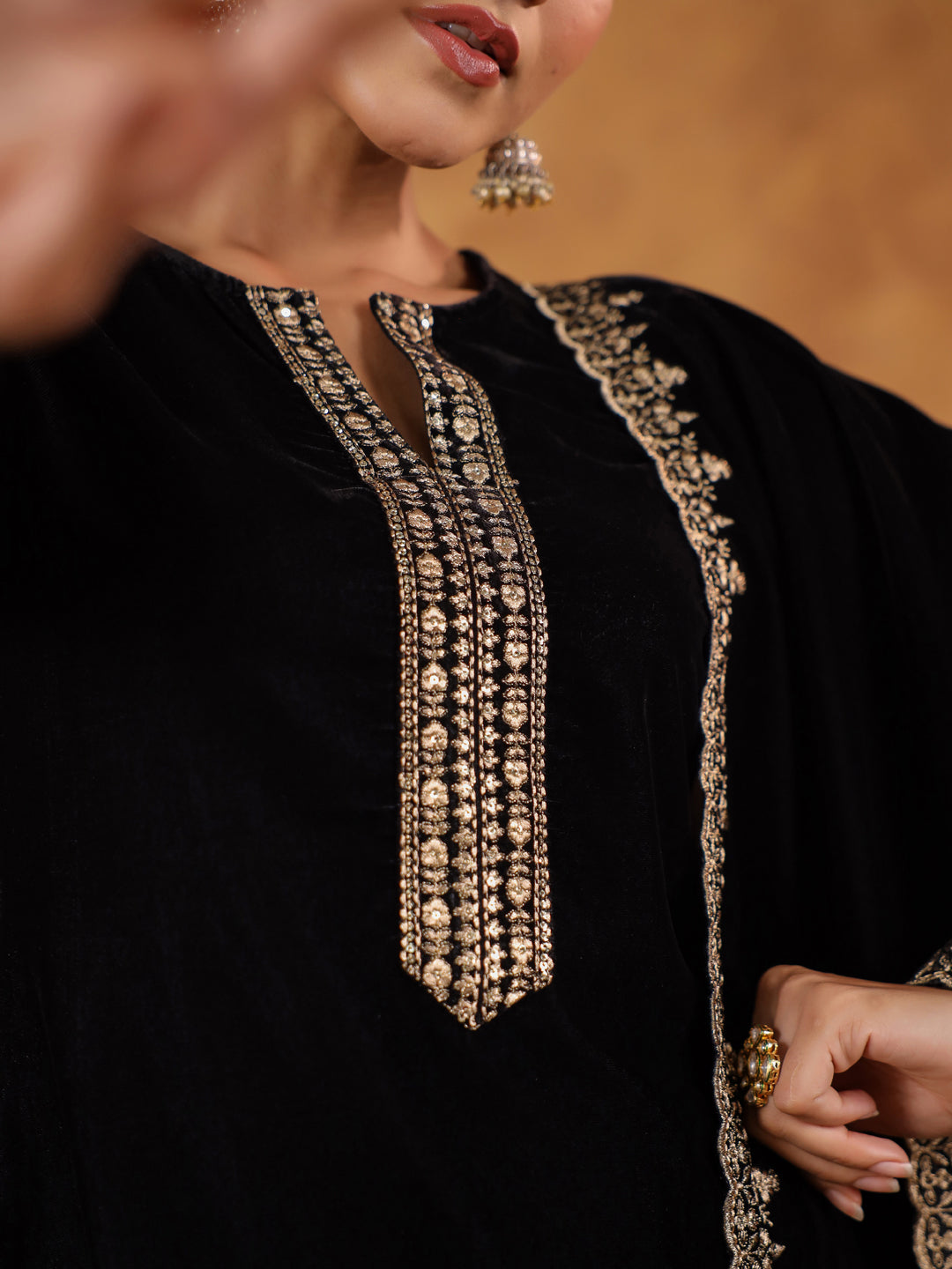 Black Velvet Zari Embroidered Straight Kurta Set