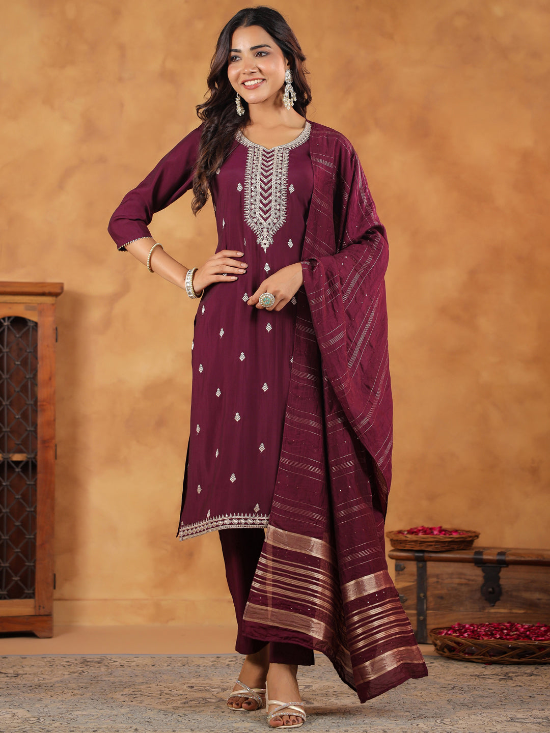 Wine Silk Blend Embroidered Straight Kurta Set