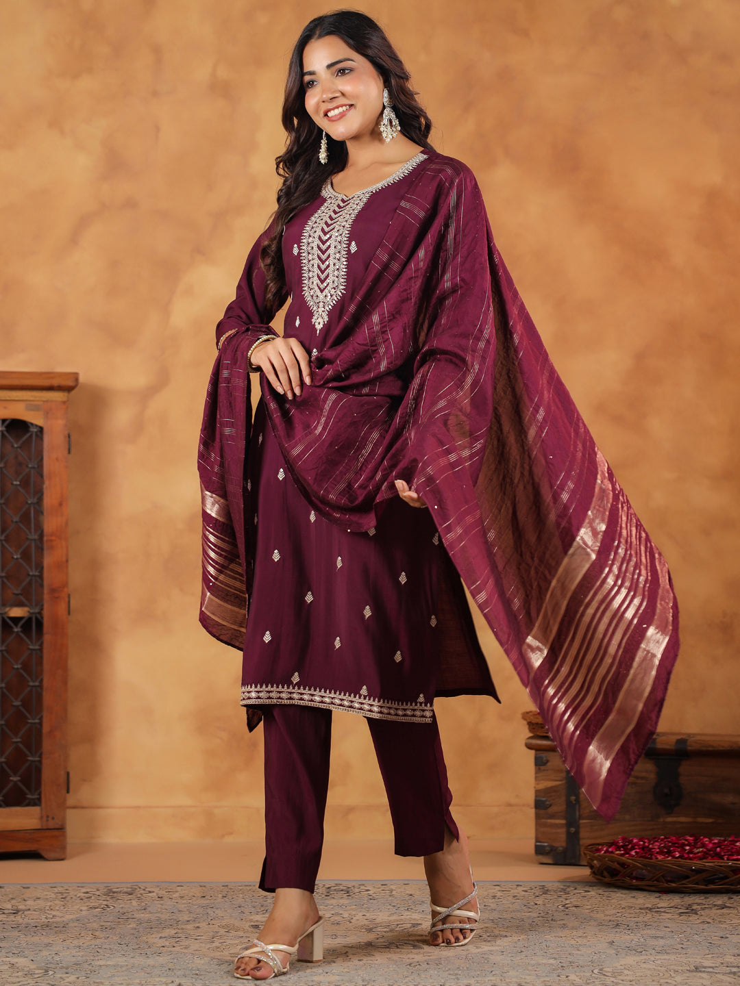 Wine Silk Blend Embroidered Straight Kurta Set