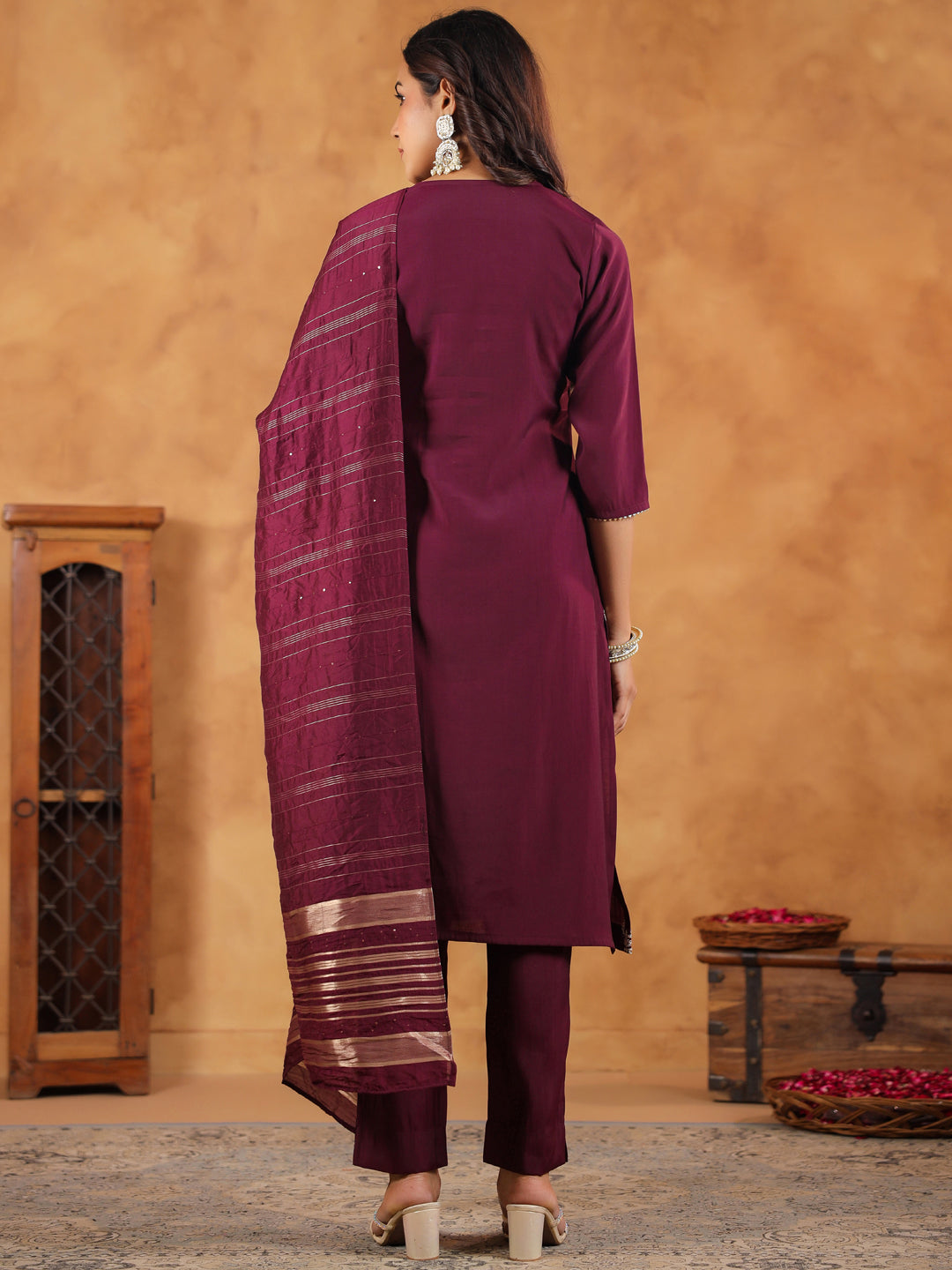 Wine Silk Blend Embroidered Straight Kurta Set