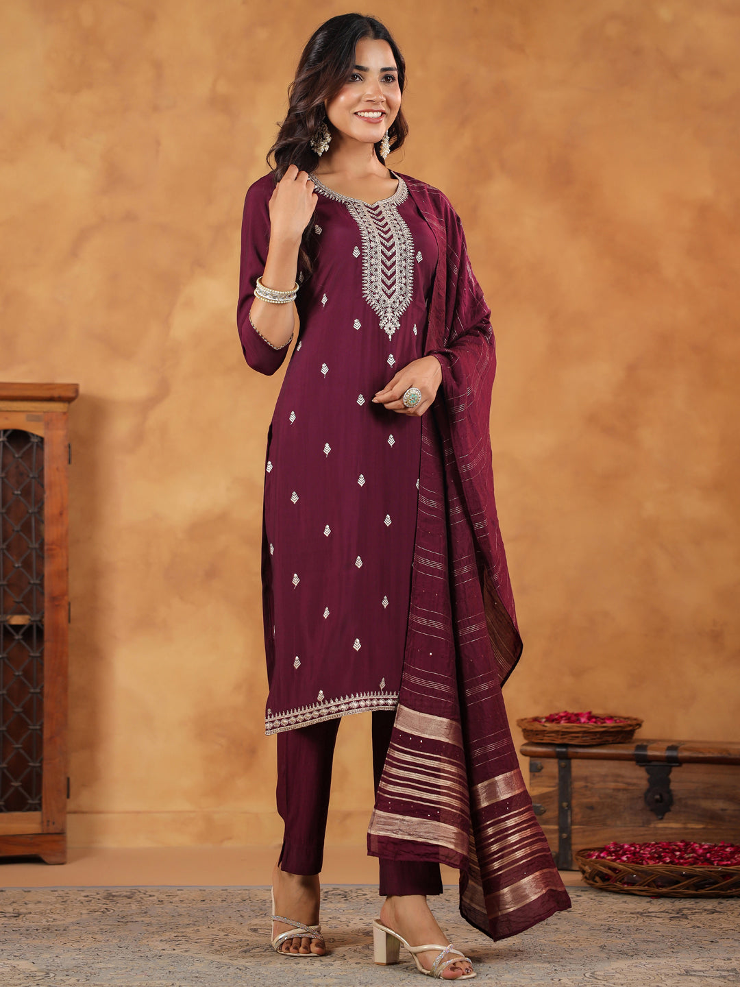 Wine Silk Blend Embroidered Straight Kurta Set